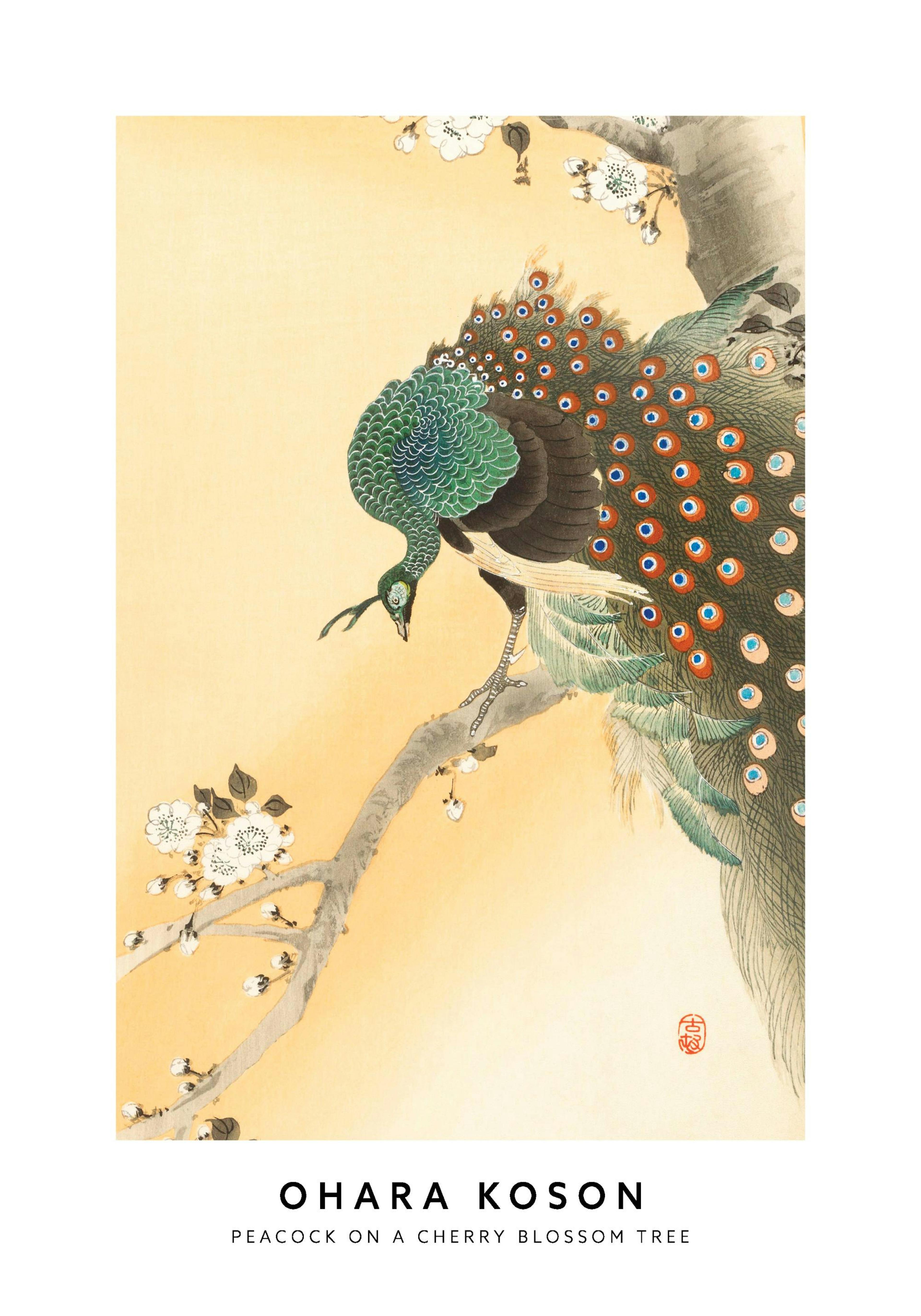 A poster featuring a green peacock with a long, elegant tail perched on a branch of a cherry blossom tree.