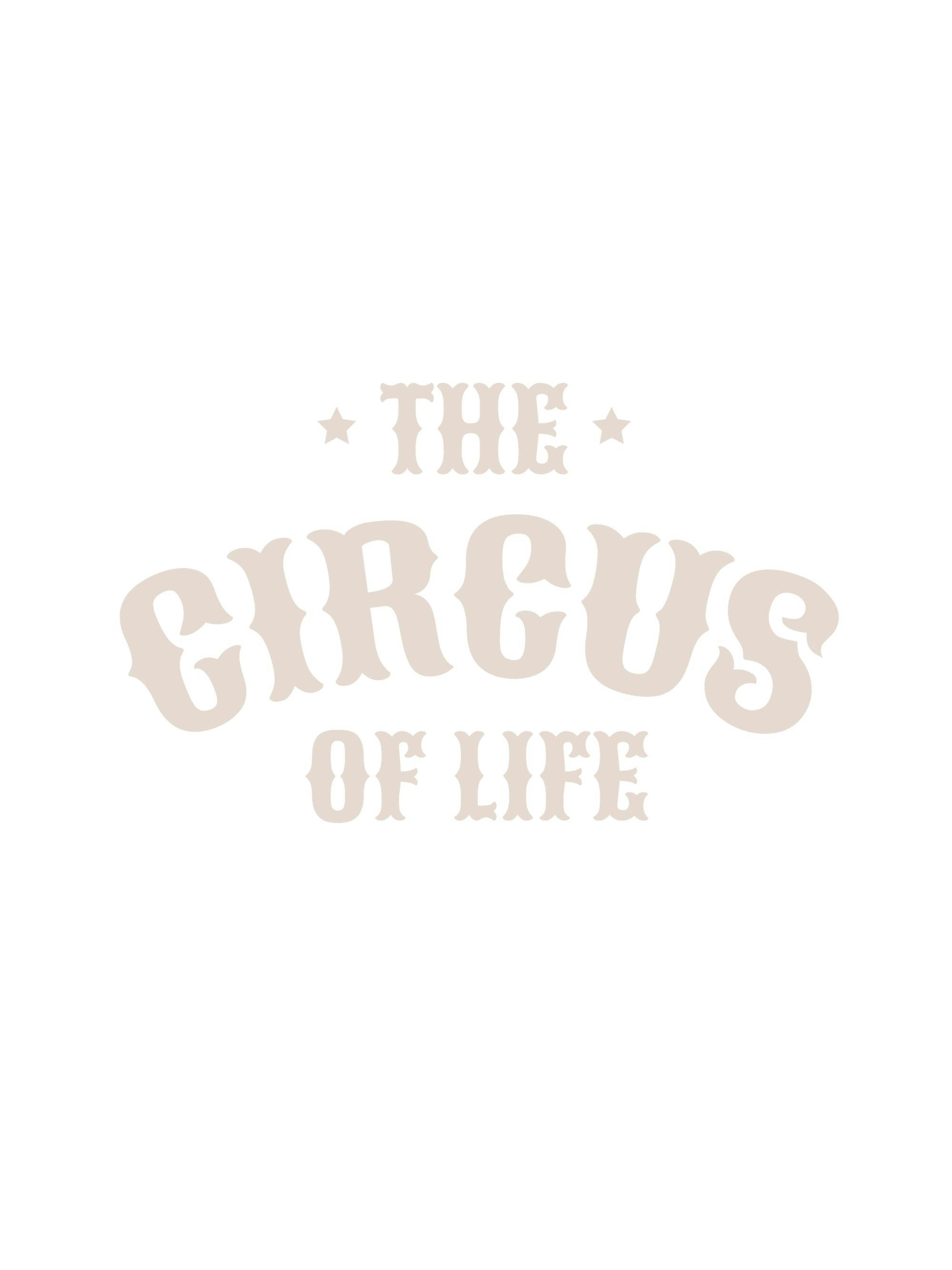 Poster mit hellem Schriftzug THE CIRCUS OF LIFE und Sternen auf weißem Hintergrund.