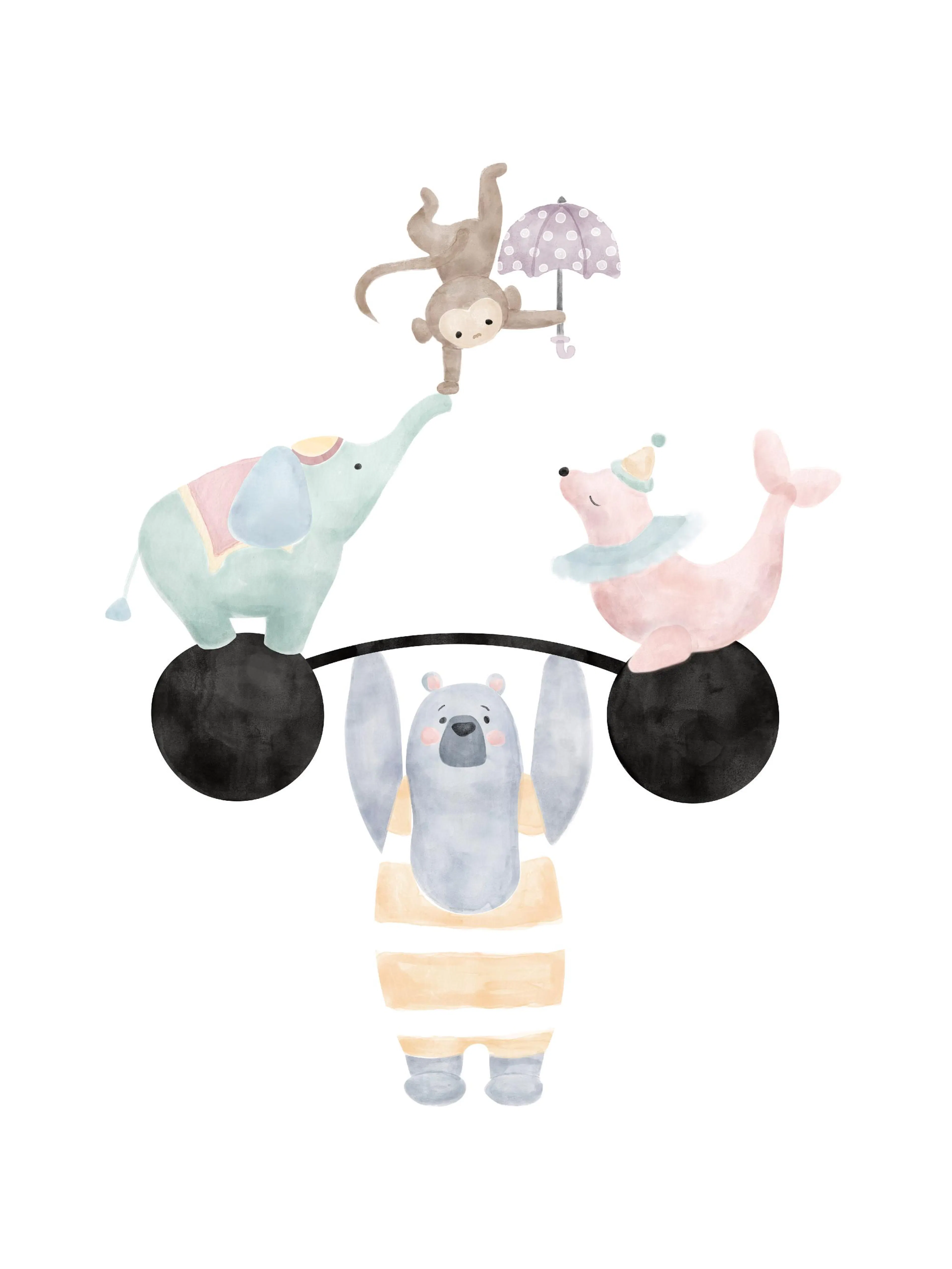 En poster i akvarellstil med en cirkusbjörn som lyfter vikter, en elefant och en säl ovanpå, samt en apa som balanserar med ett 