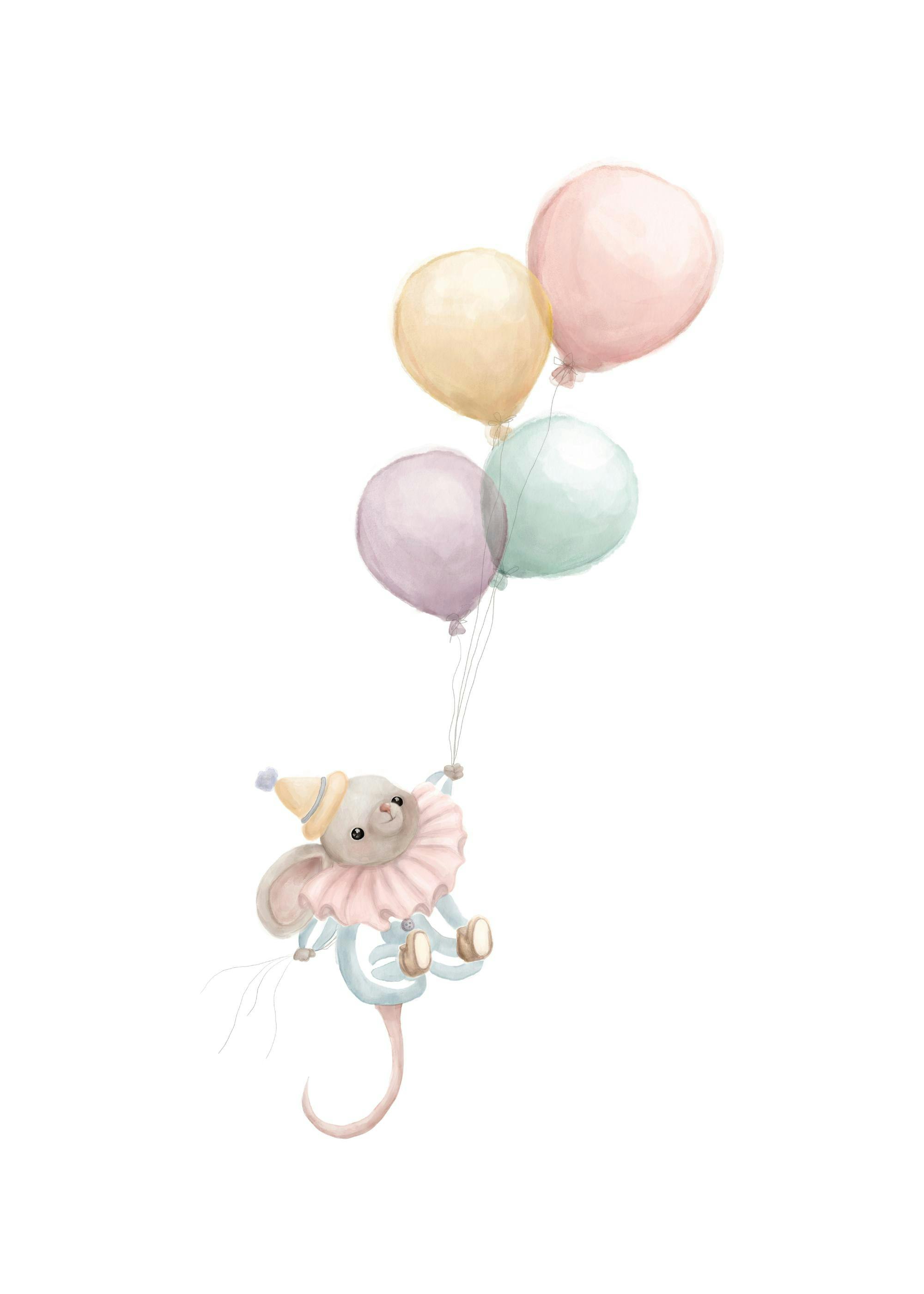 Póster de un ratón de circo en tonos pastel, volando con globos de colores suaves. Ideal para habitación infantil.