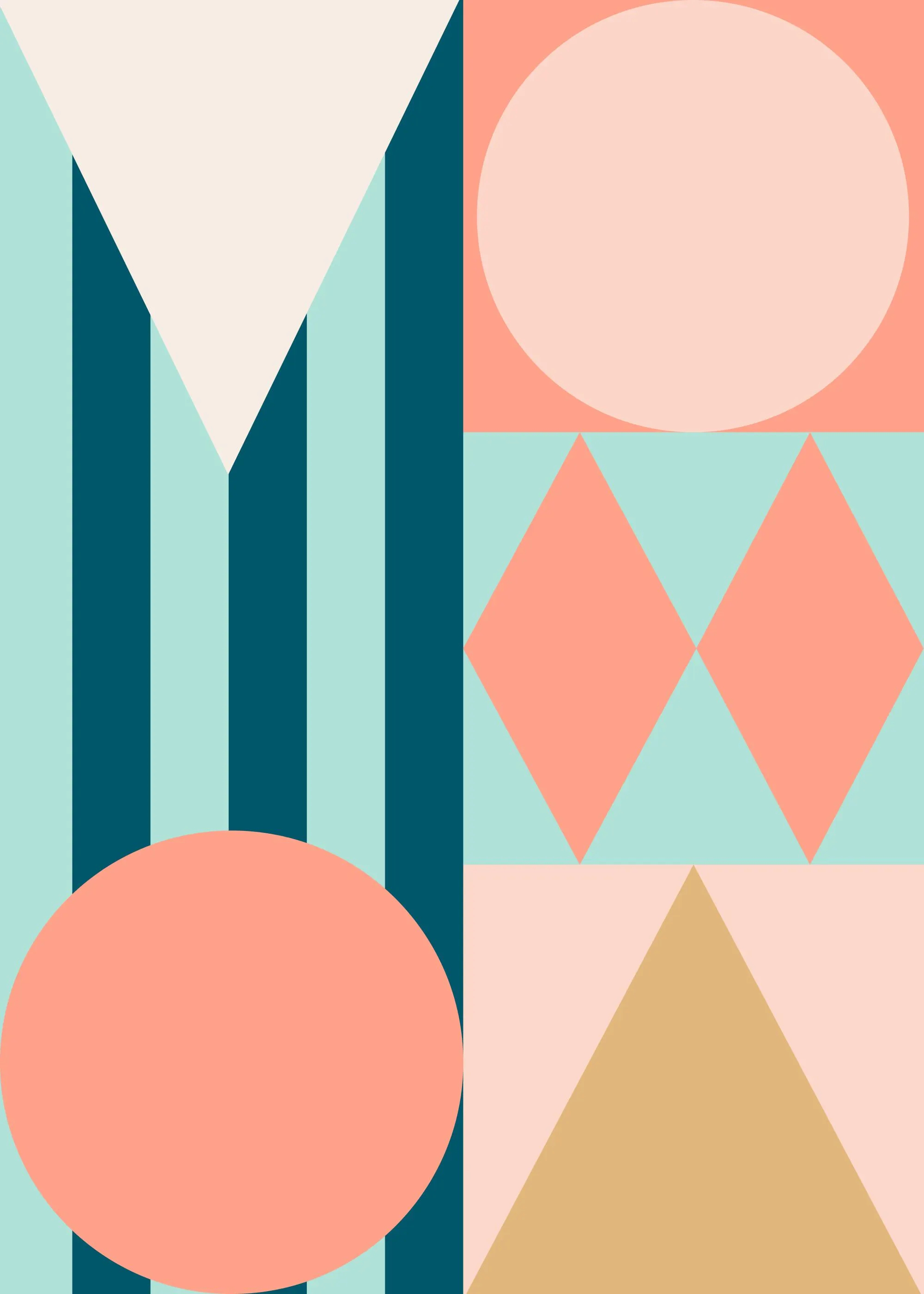 Póster abstracto con formas geométricas en tonos salmón, azul turquesa, azul marino y beige.
