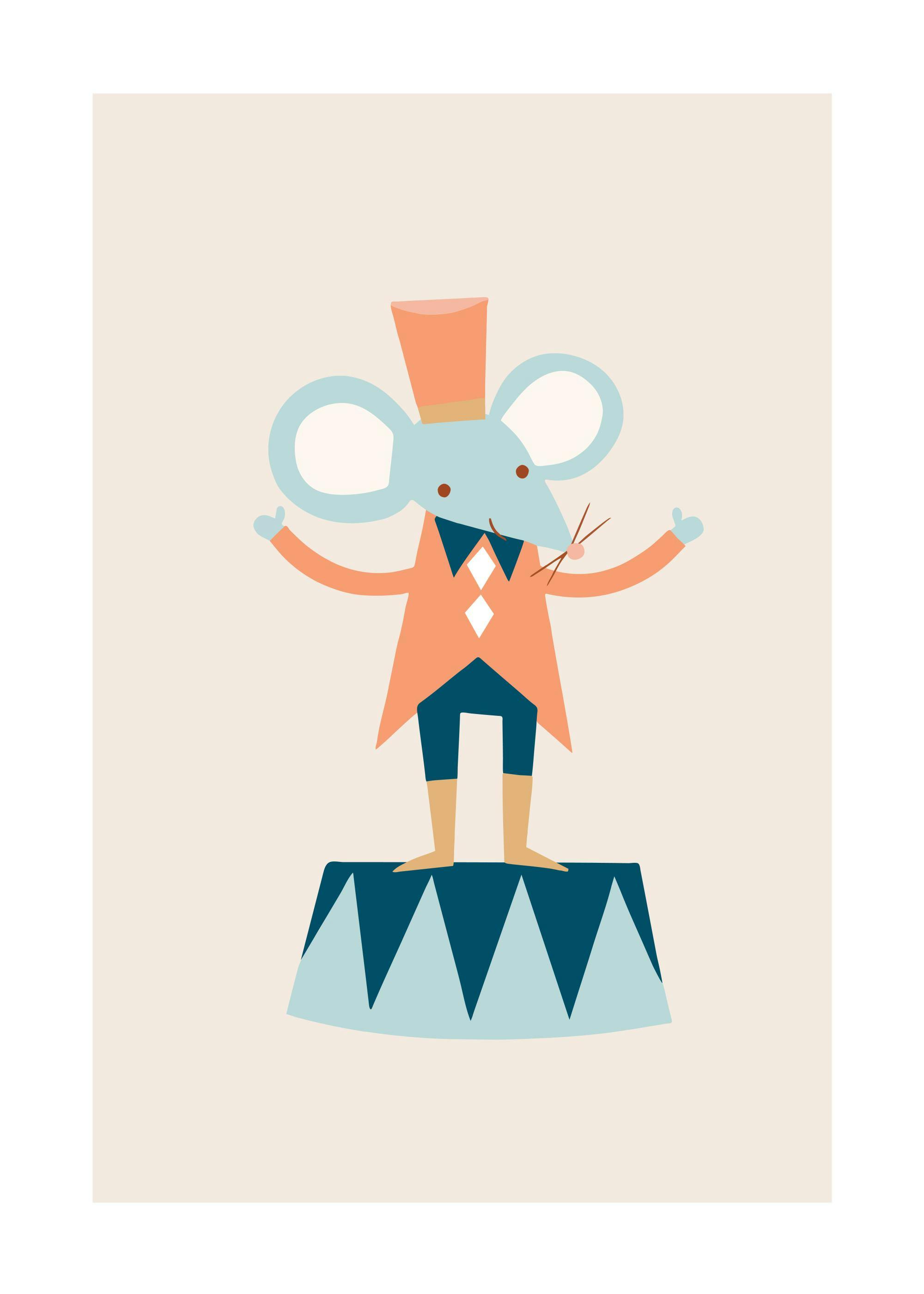 A poster featuring a cartoon mouse in a top hat and circus ringmaster outfit standing on a patterned drum.