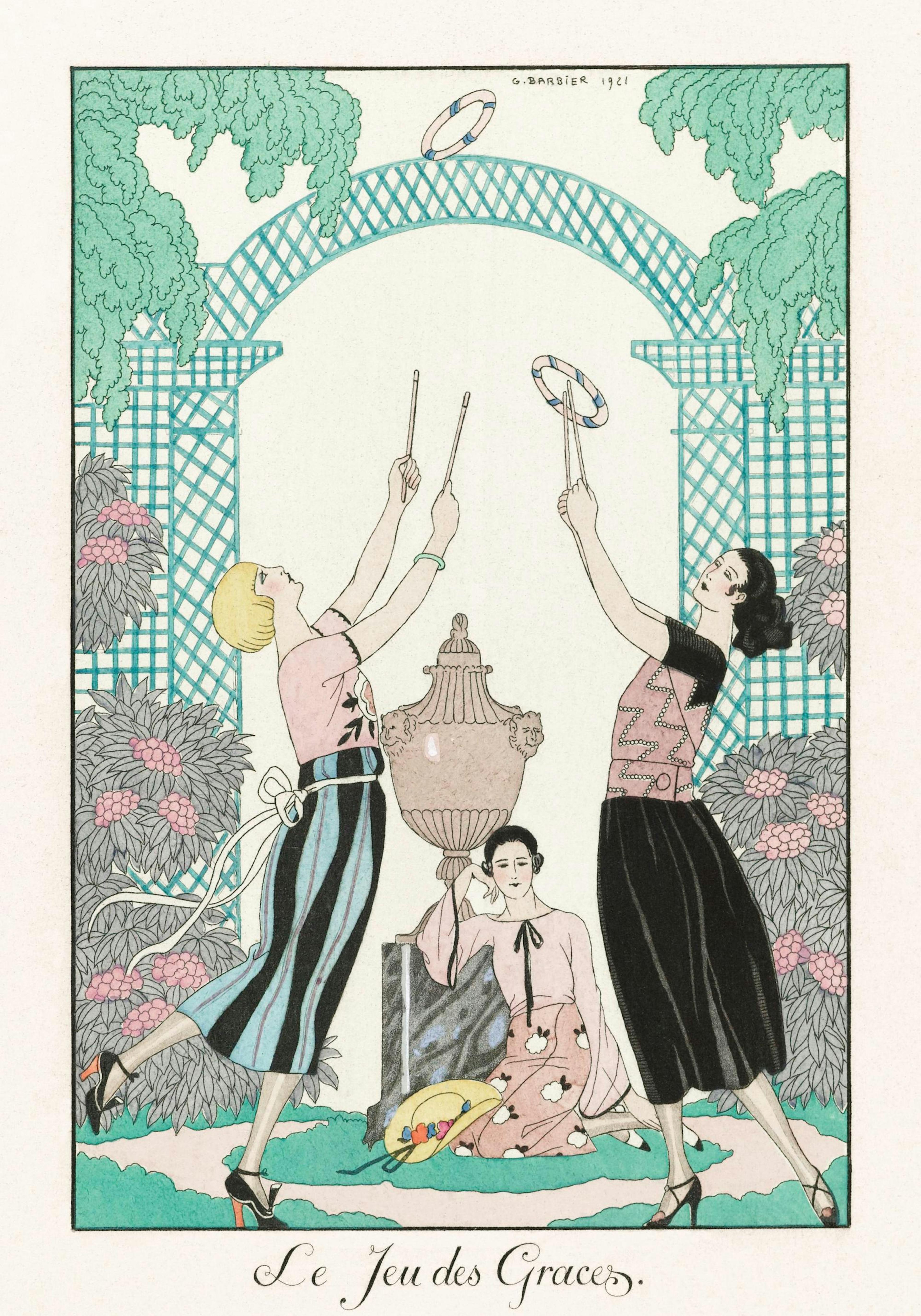 Art Deco poster showing three women playing in a garden, hanging above a bed with white pillows and a gold lamp.