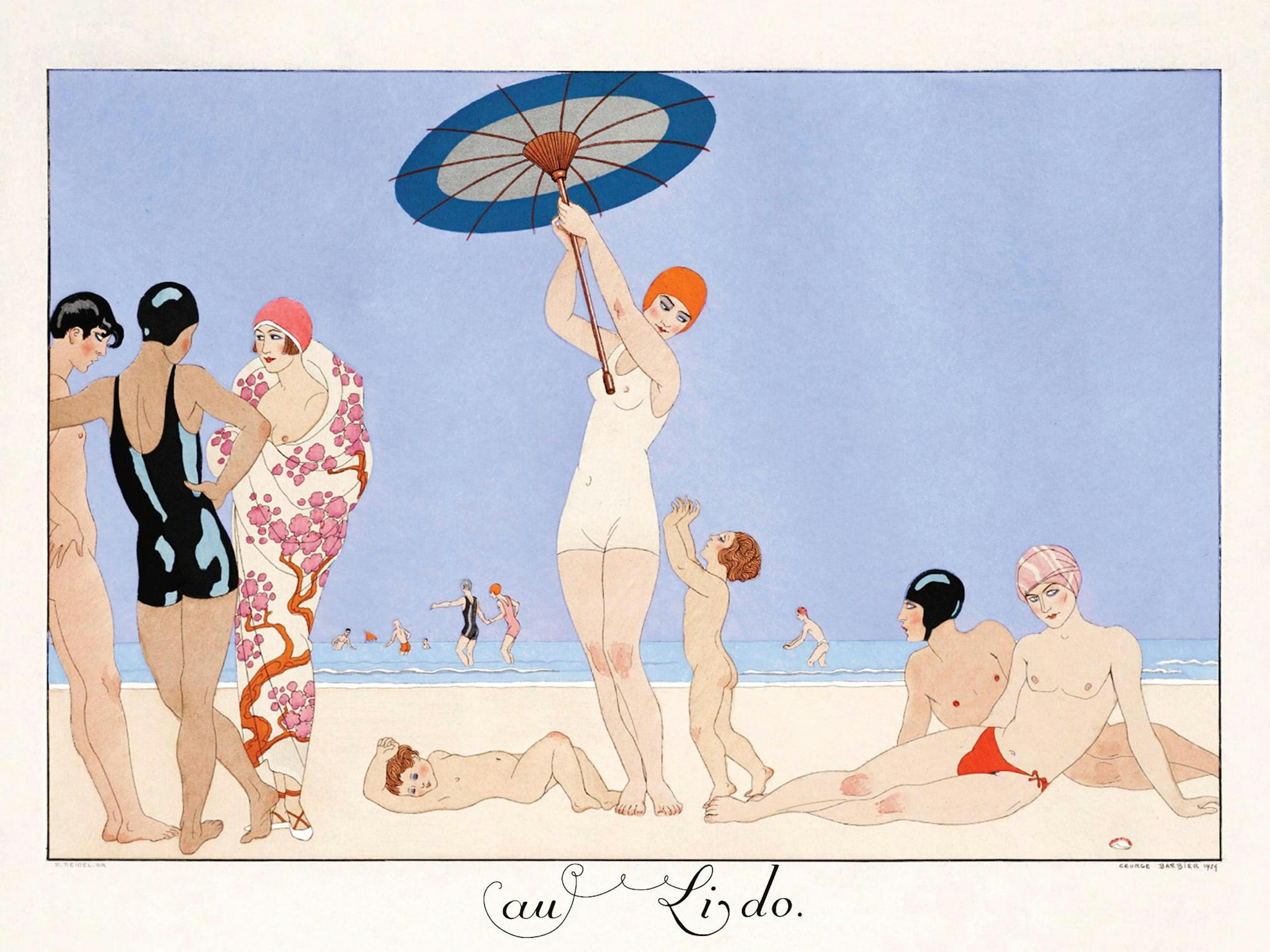 A vintage poster showing people on a beach, with women in swimsuits and a man holding an umbrella.