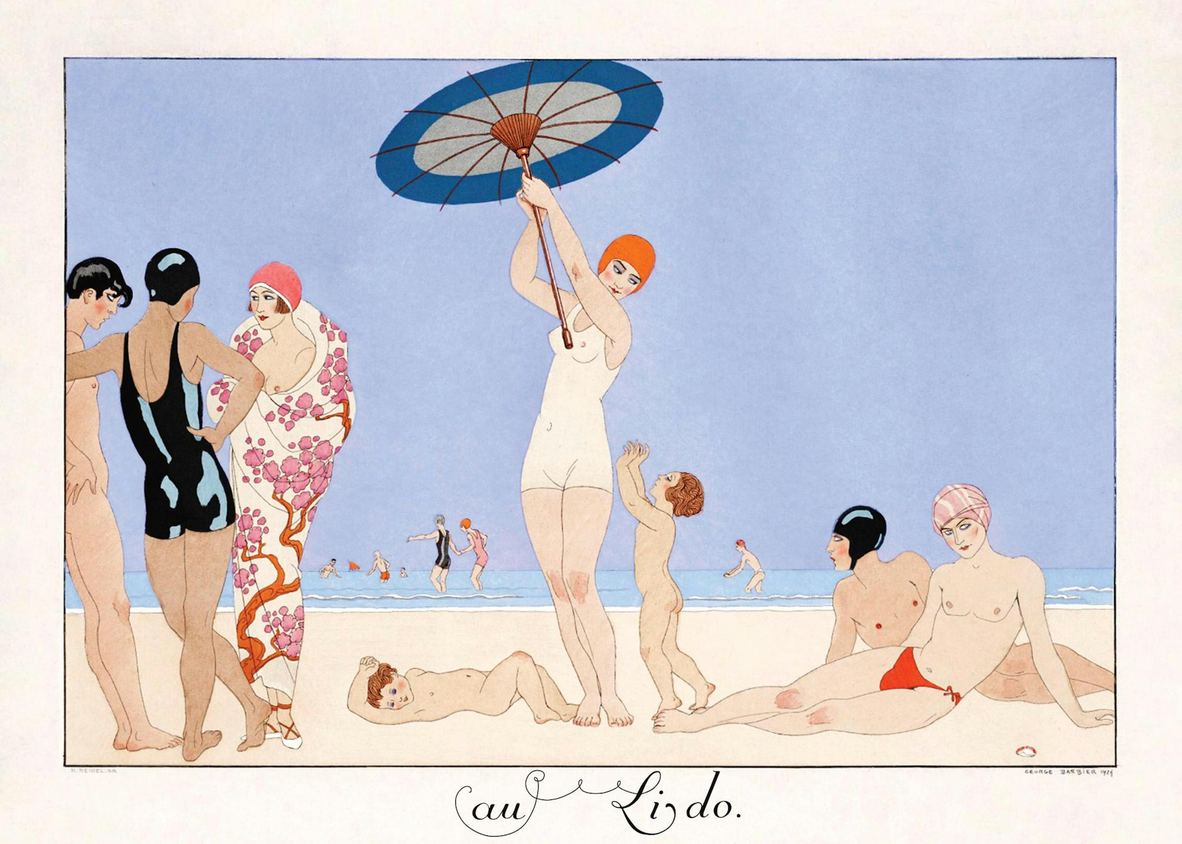 A vintage Art Deco poster of people on a beach with the text au Lido at the bottom, displayed above a wooden chair with a blanke