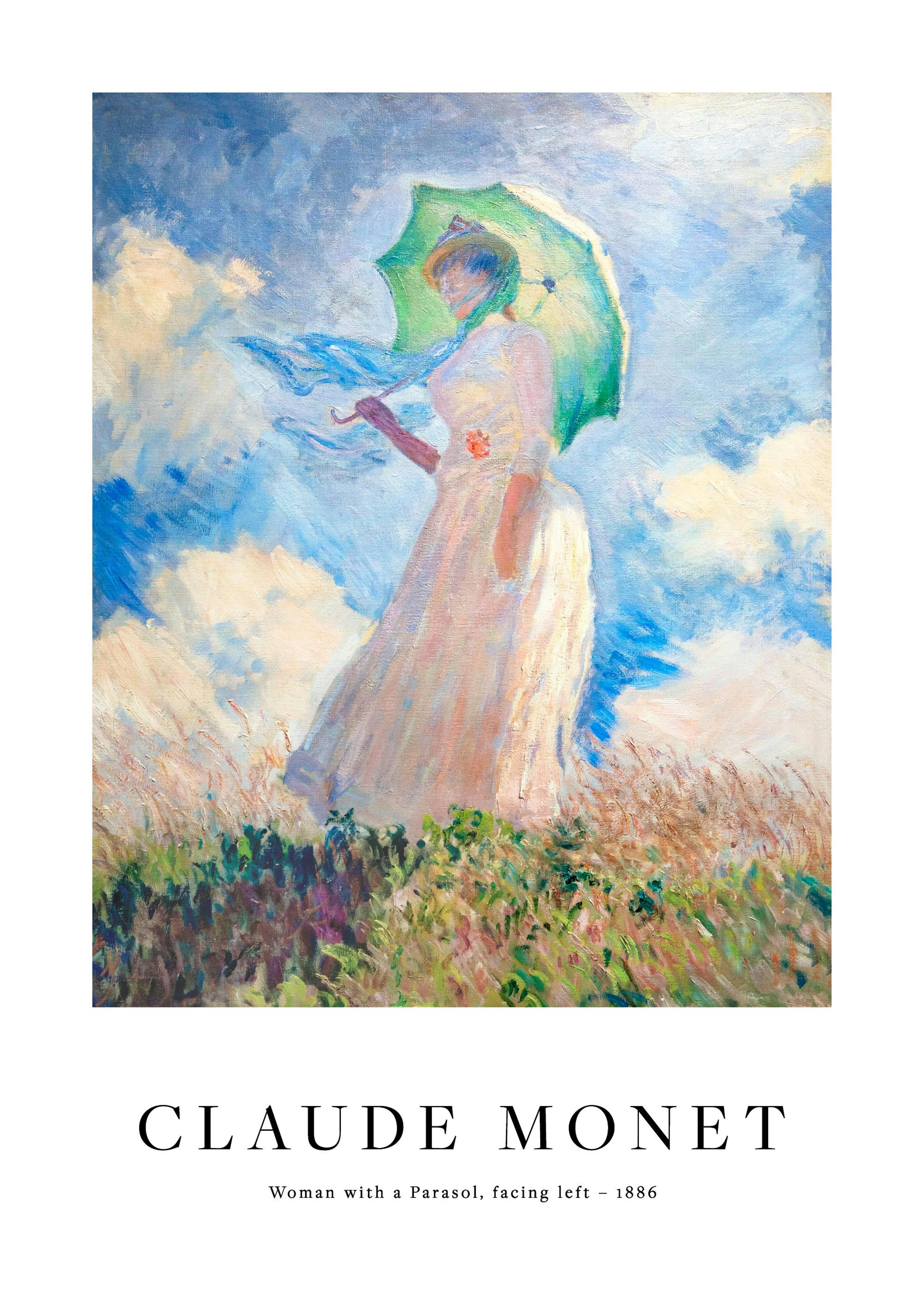 Poster du tableau de Monet, Femme à lombrelle, une femme en blanc avec une ombrelle verte dans un champ.