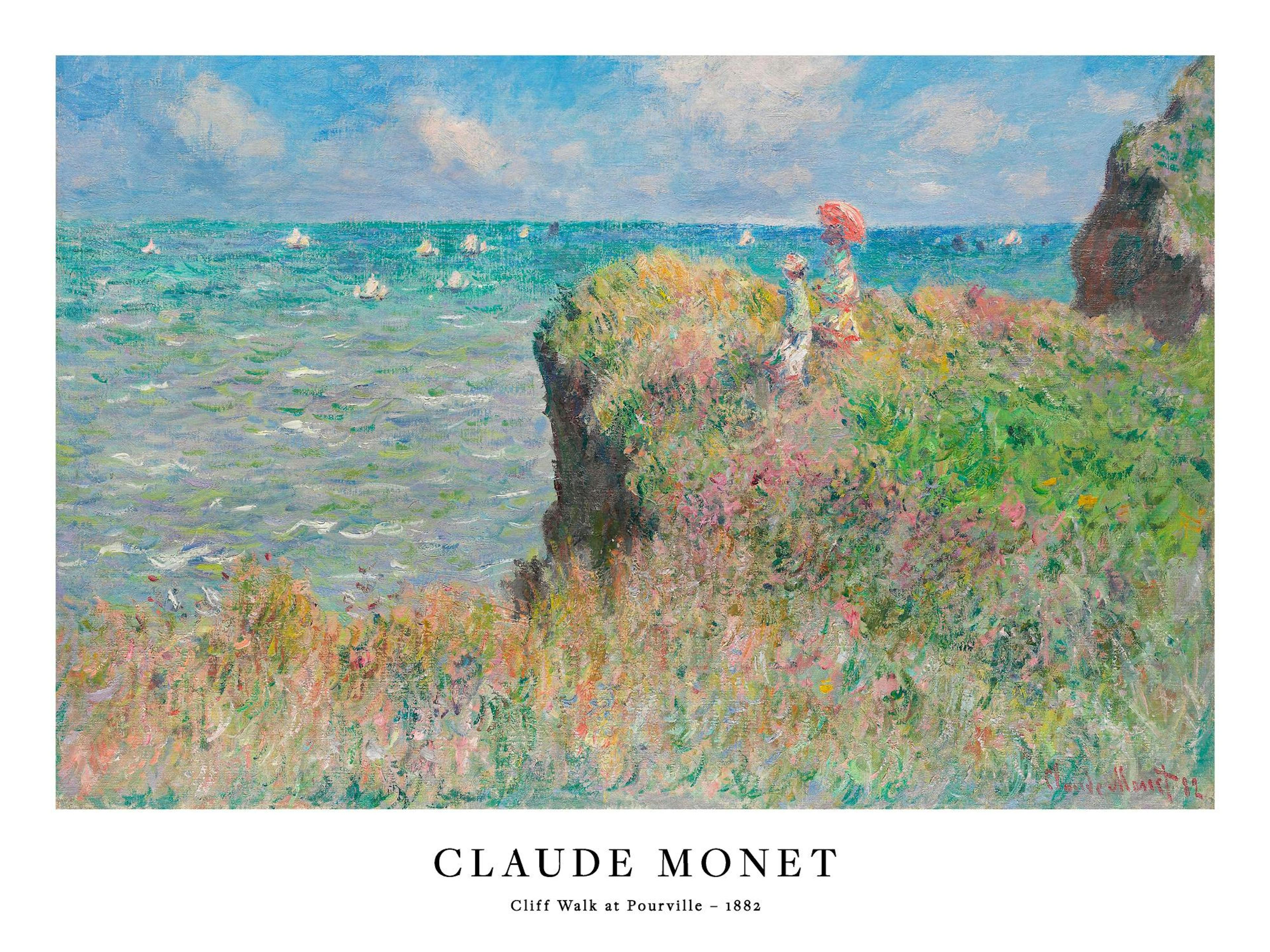 A poster featuring Claude Monets Cliff Walk at Pourville, depicting two women on a grassy cliff overlooking a choppy turquoise s