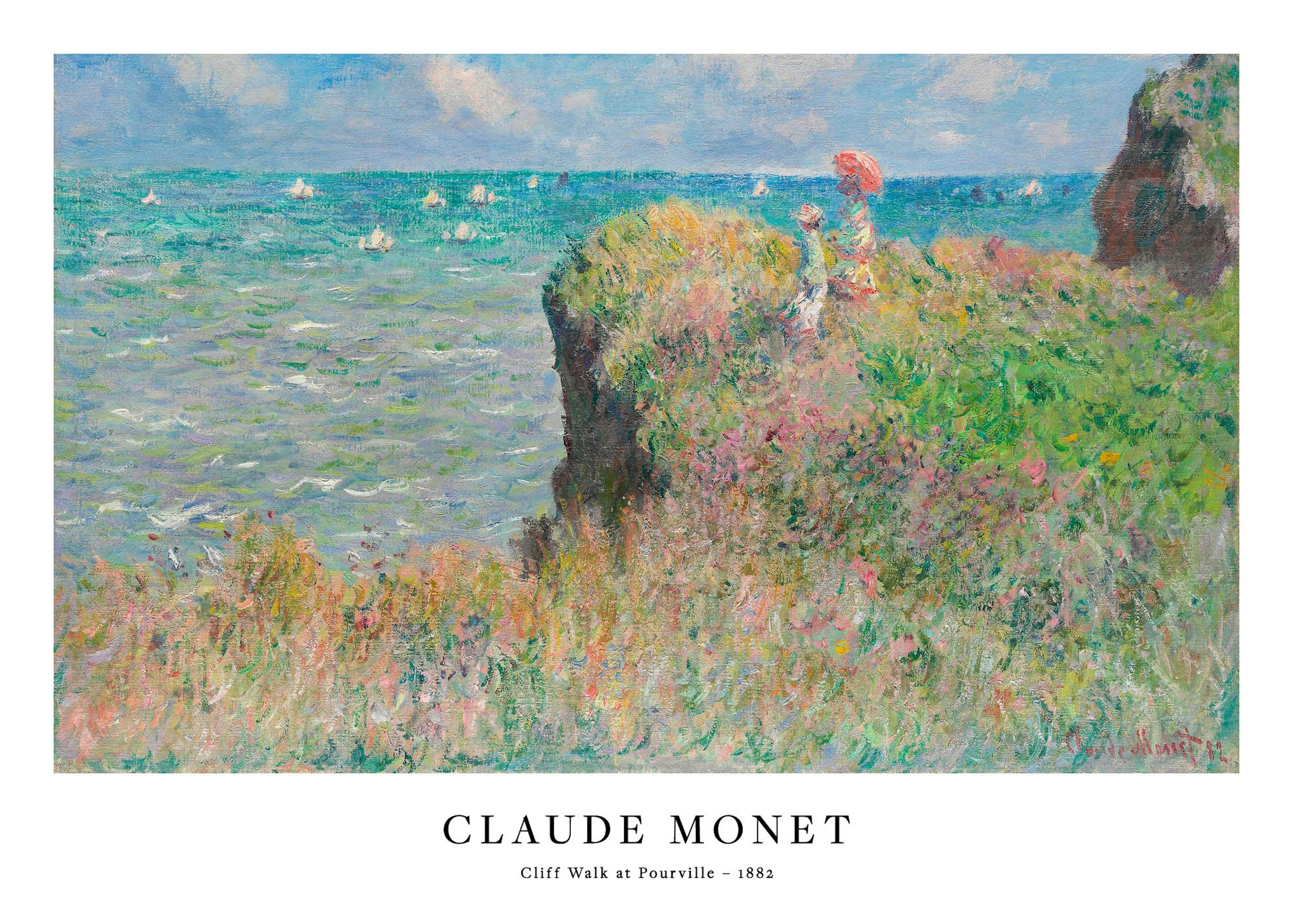 A poster of Monets Cliff Walk at Pourville showing two women on a grassy cliff overlooking a choppy blue sea, hanging above whit