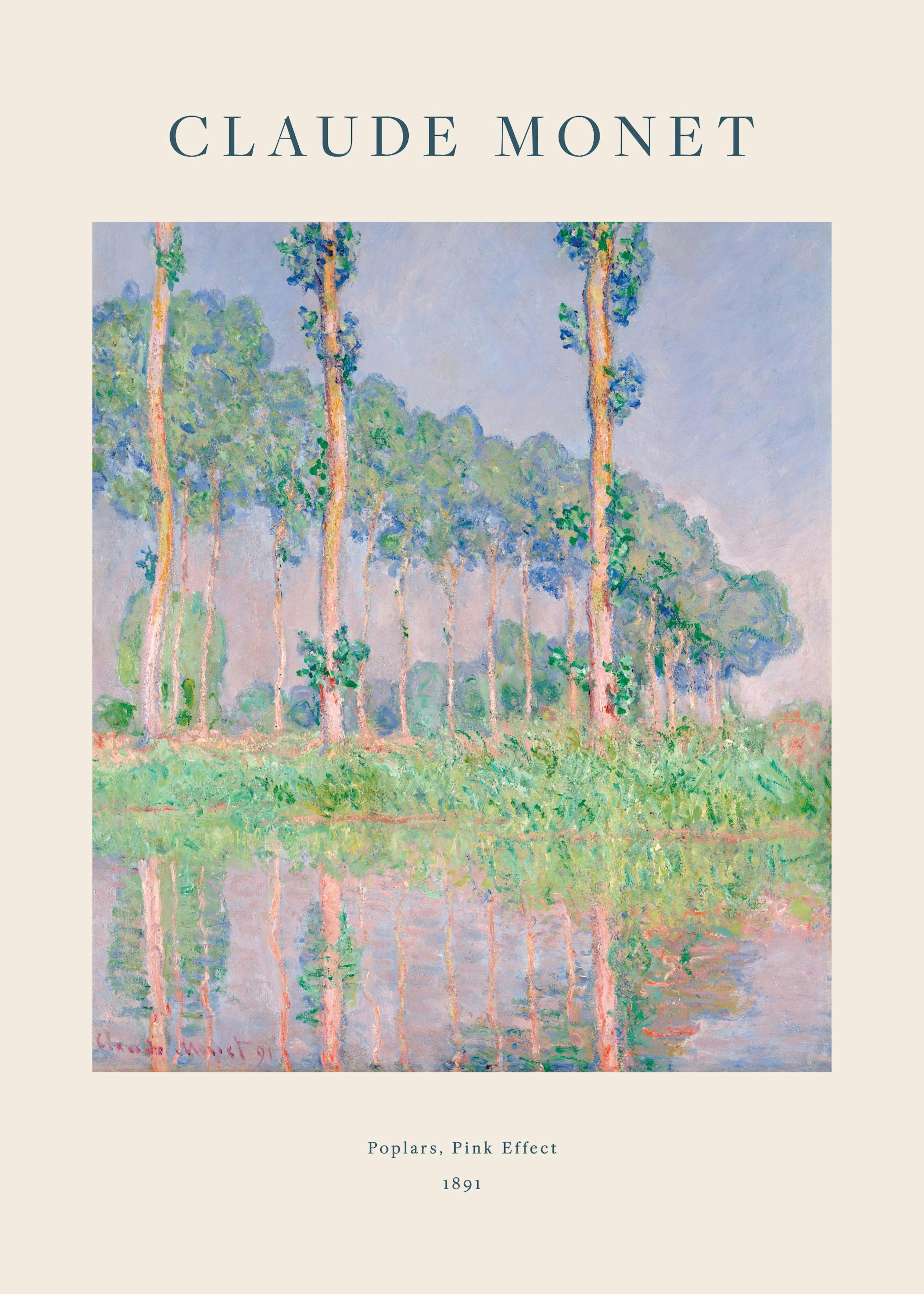 Plakat med Monets Poplars, Pink Effect, der viser lyserøde træer spejlet i vandet under en blå himmel.