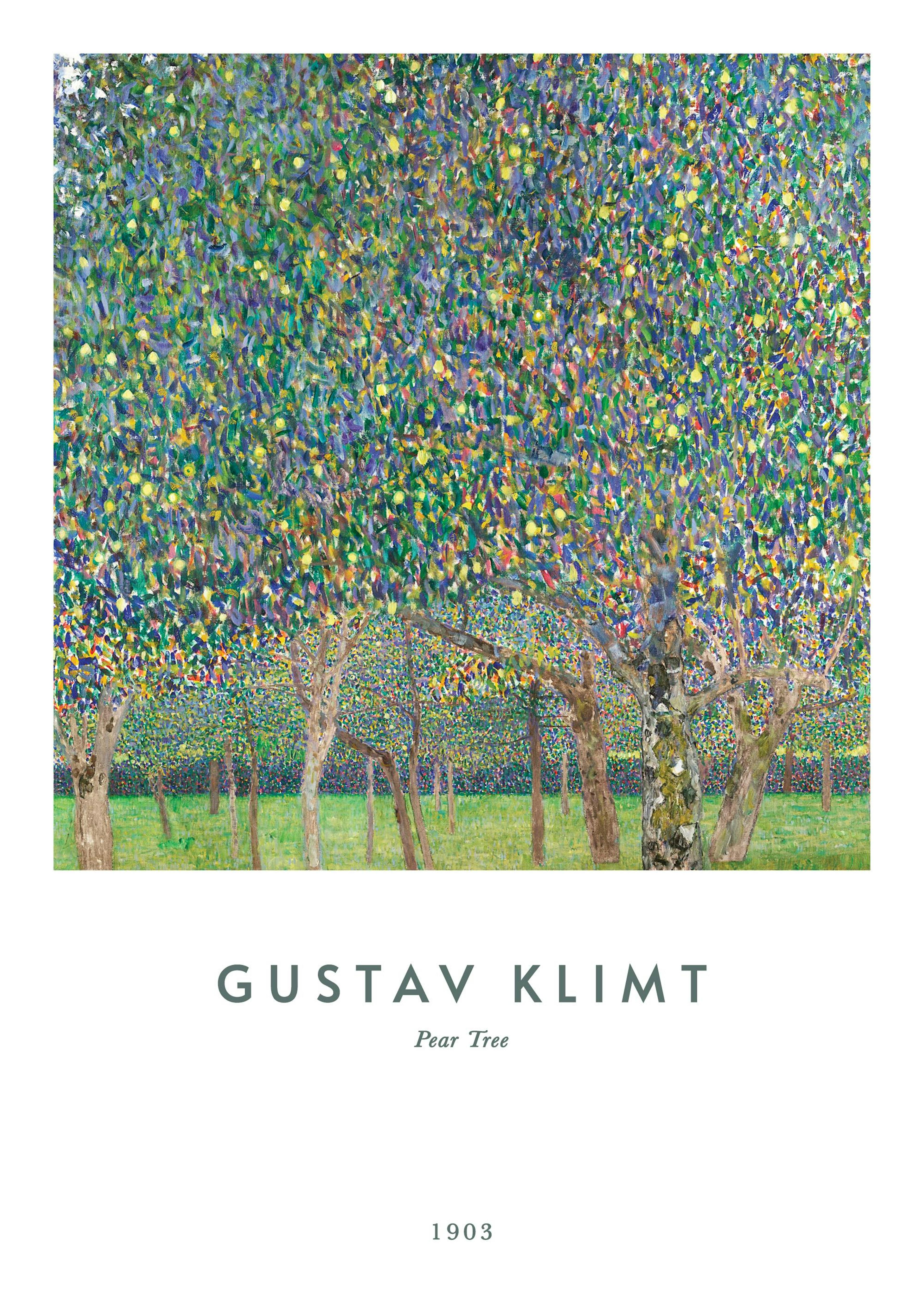Gustav Klimts Pear Tree poster hanging on a white wall above a wooden dresser with a mirror, dried pampas grass, books, and a gr