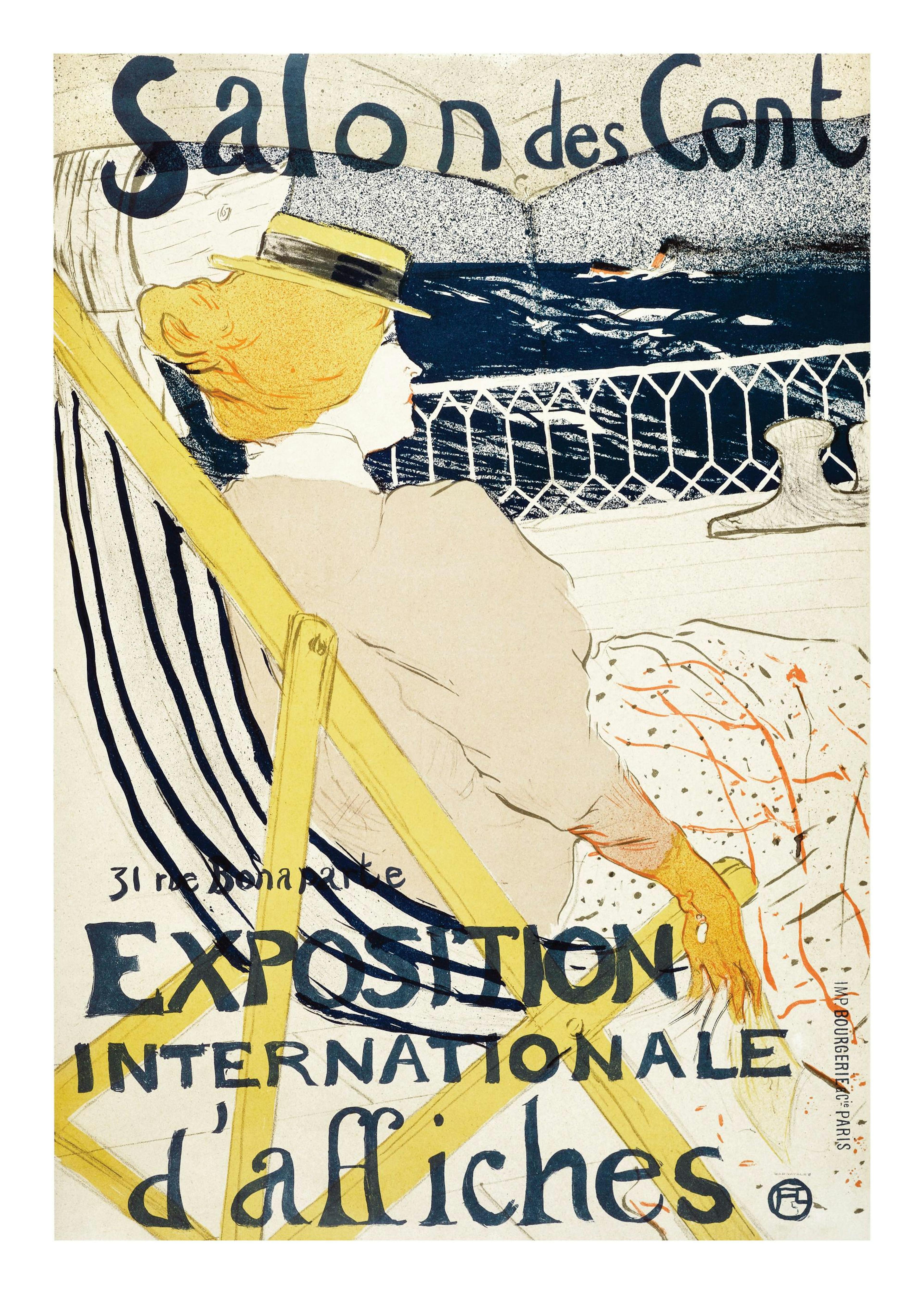 Poster con donna in abito beige e cappello di paglia seduta su sedia a sdraio, con il mare sullo sfondo blu scuro.