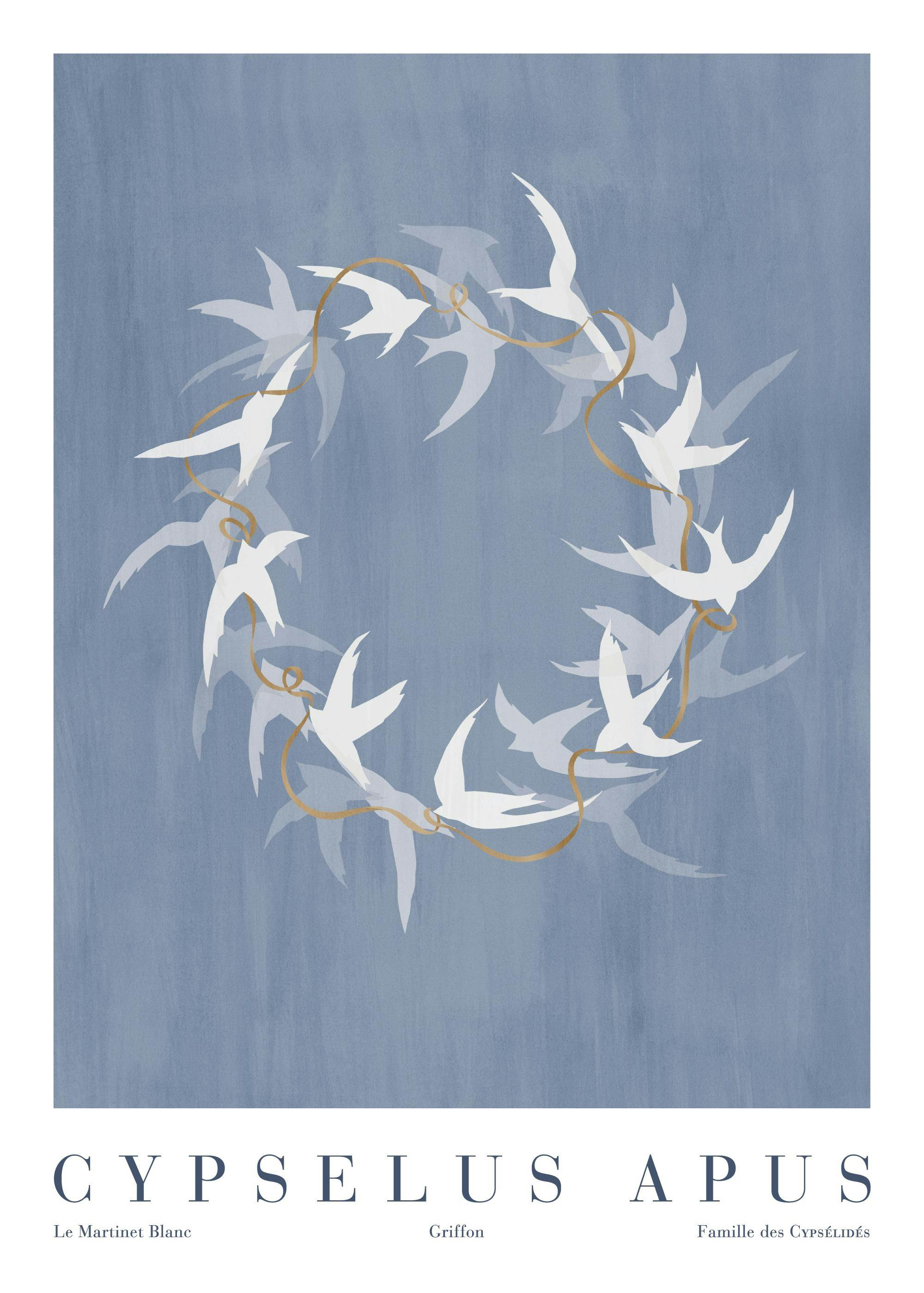 Poster mit weißen Vögeln, die einen Kranz bilden, durchzogen von goldenen Bändern auf blauem Hintergrund.