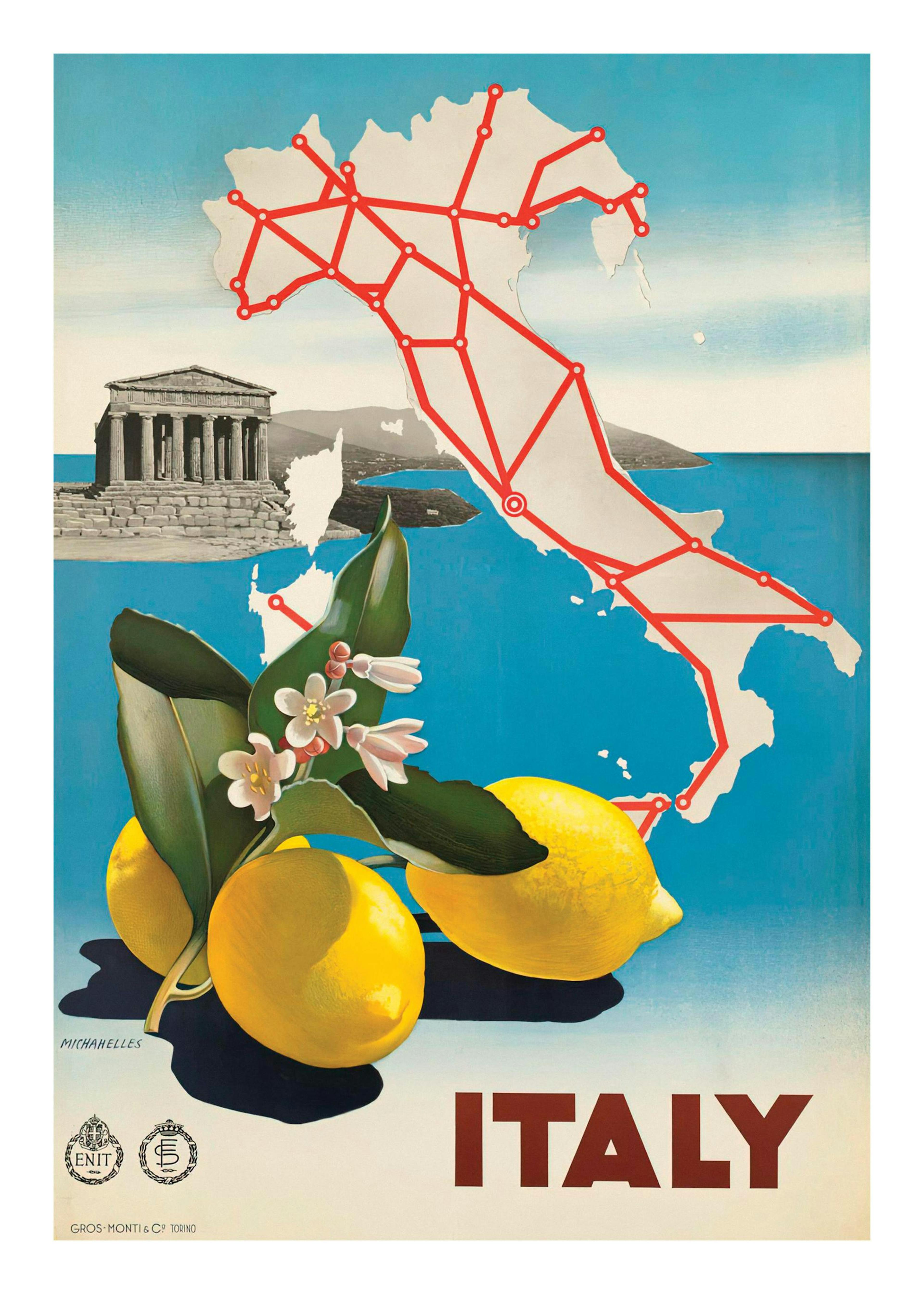 A vintage travel poster for Italy with a map of the country, lemons, and a classical temple, hanging above a wooden shelf.