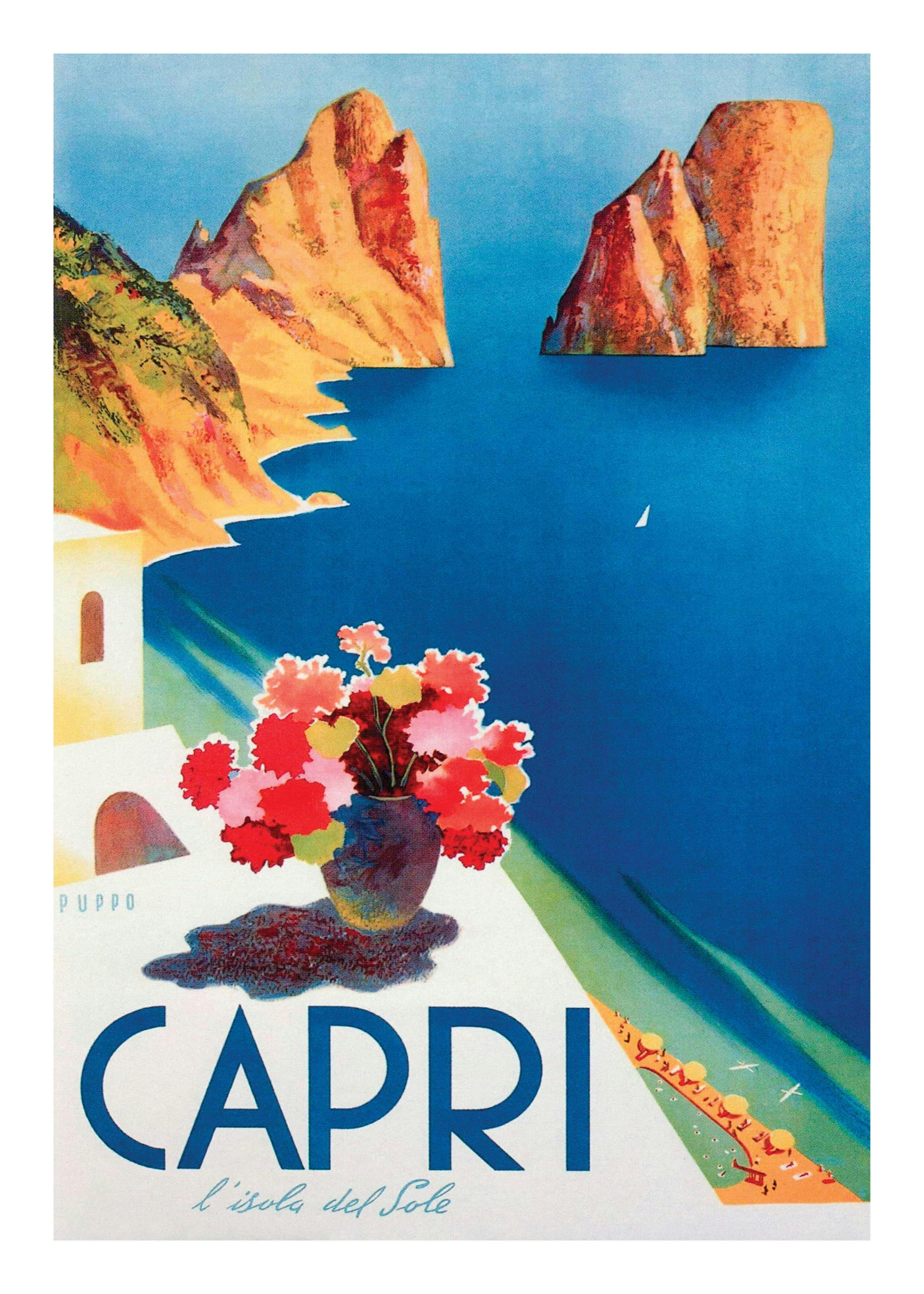 Ein Poster im Vintage-Stil zeigt die Insel Capri mit hohen Klippen, blauem Meer, weißen Gebäuden, bunten Blumen und Schriftzug C