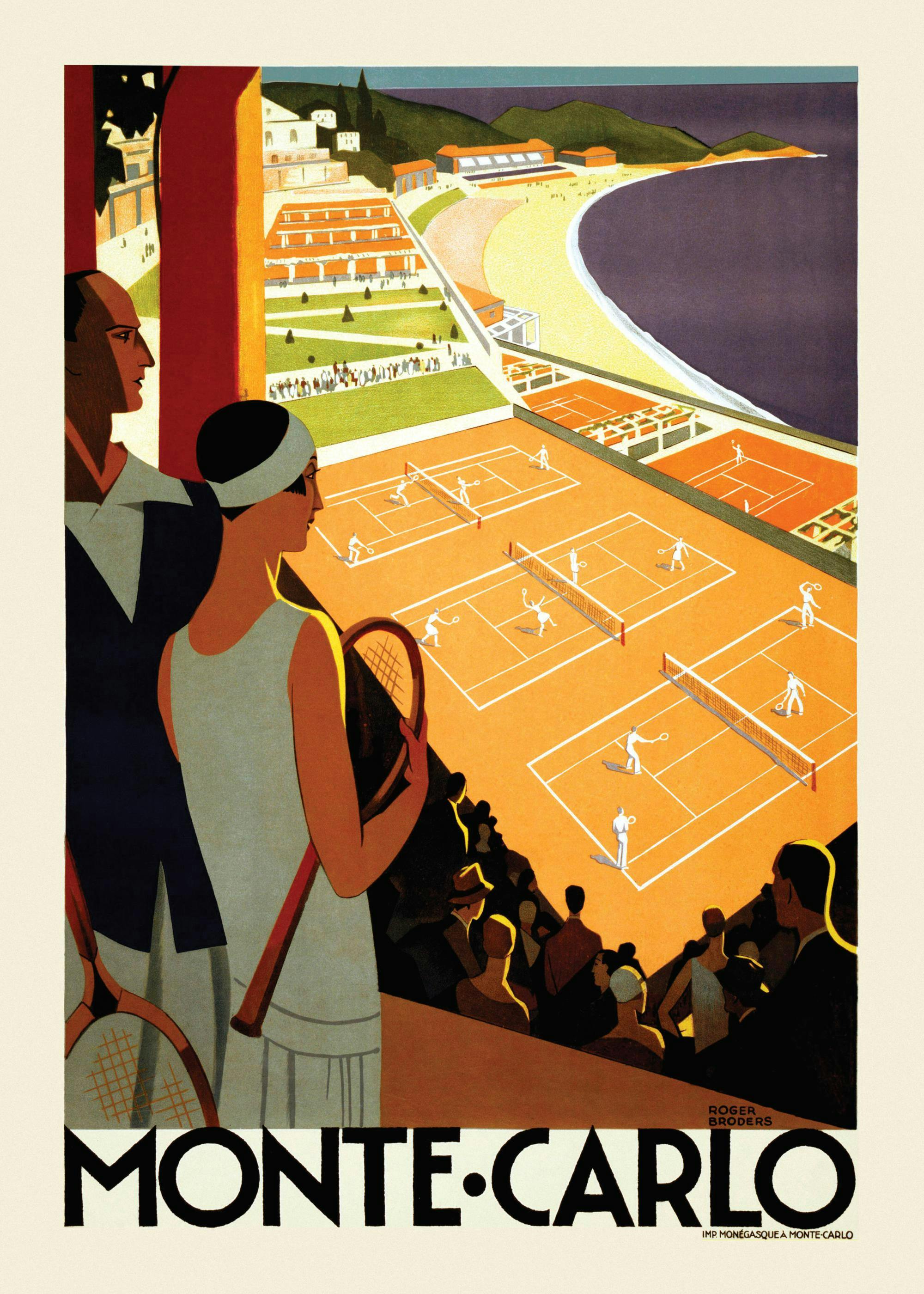 A vintage Art Deco poster of tennis players on orange courts in Monte Carlo, with spectators and a coastal landscape.