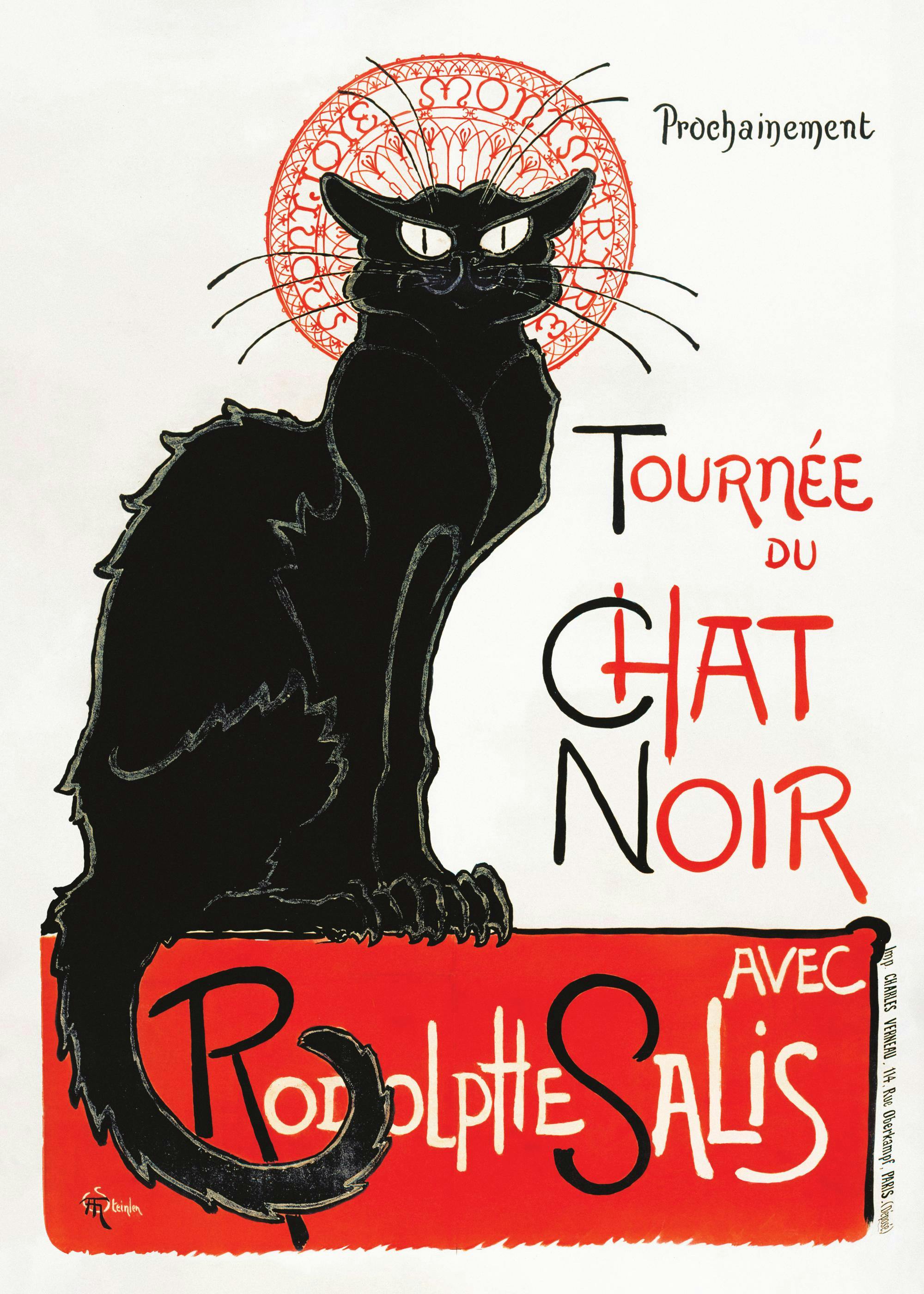 Poster mit einer schwarzen Katze auf rotem Sockel, darüber ein roter Heiligenschein, mit Text Tournée du Chat Noir.