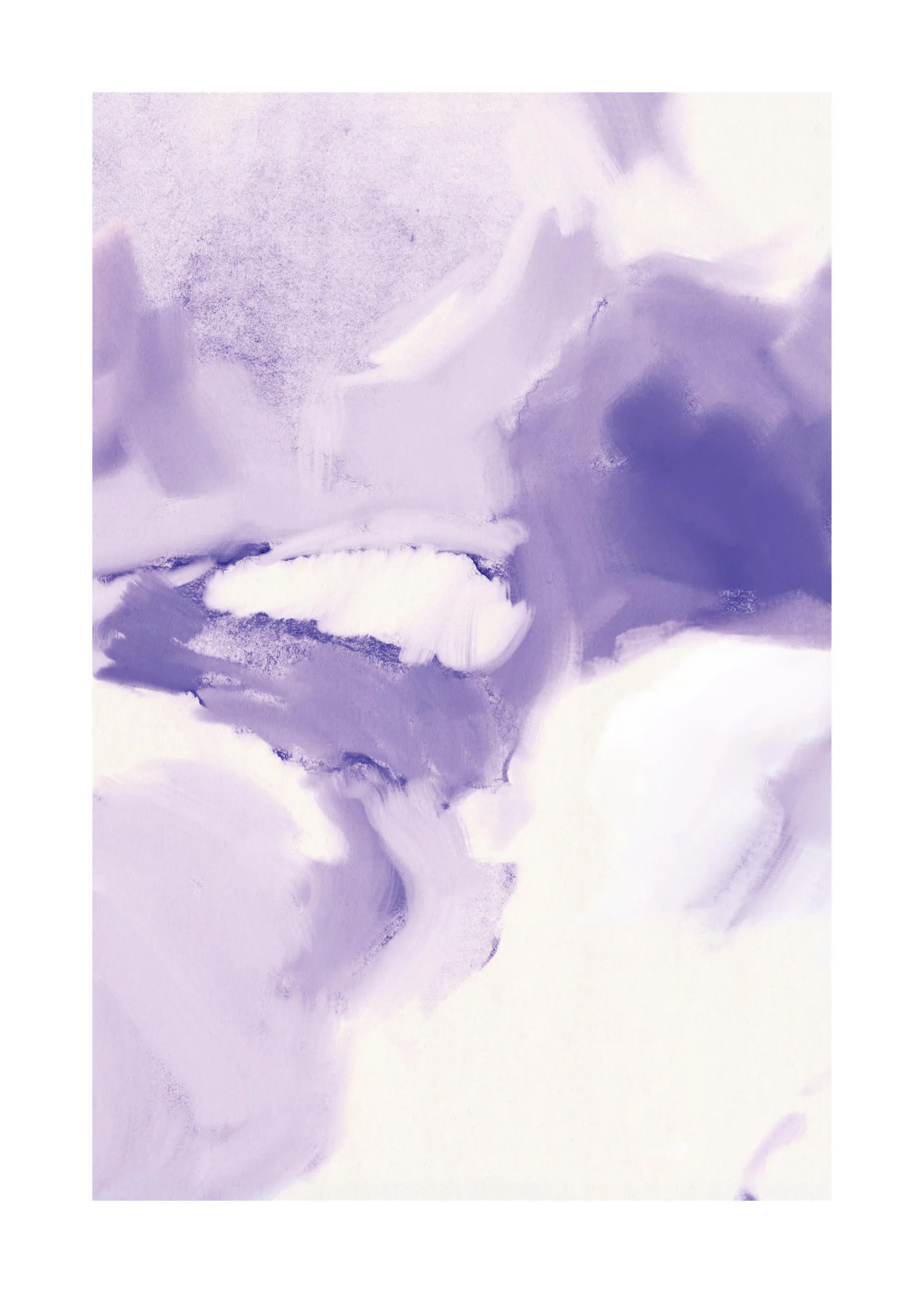 A poster featuring a watercolor abstract design with swaths of light and dark purple and white tones.