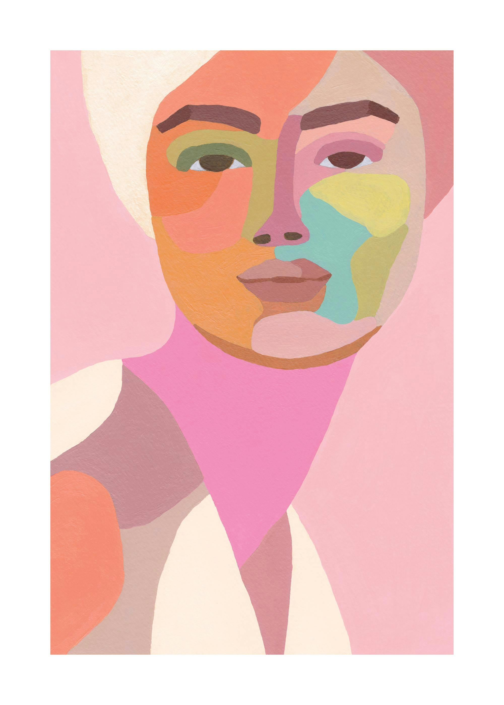 Póster de una cara femenina abstracta con tonos melocotón, rosa, verde, azul claro y amarillo.