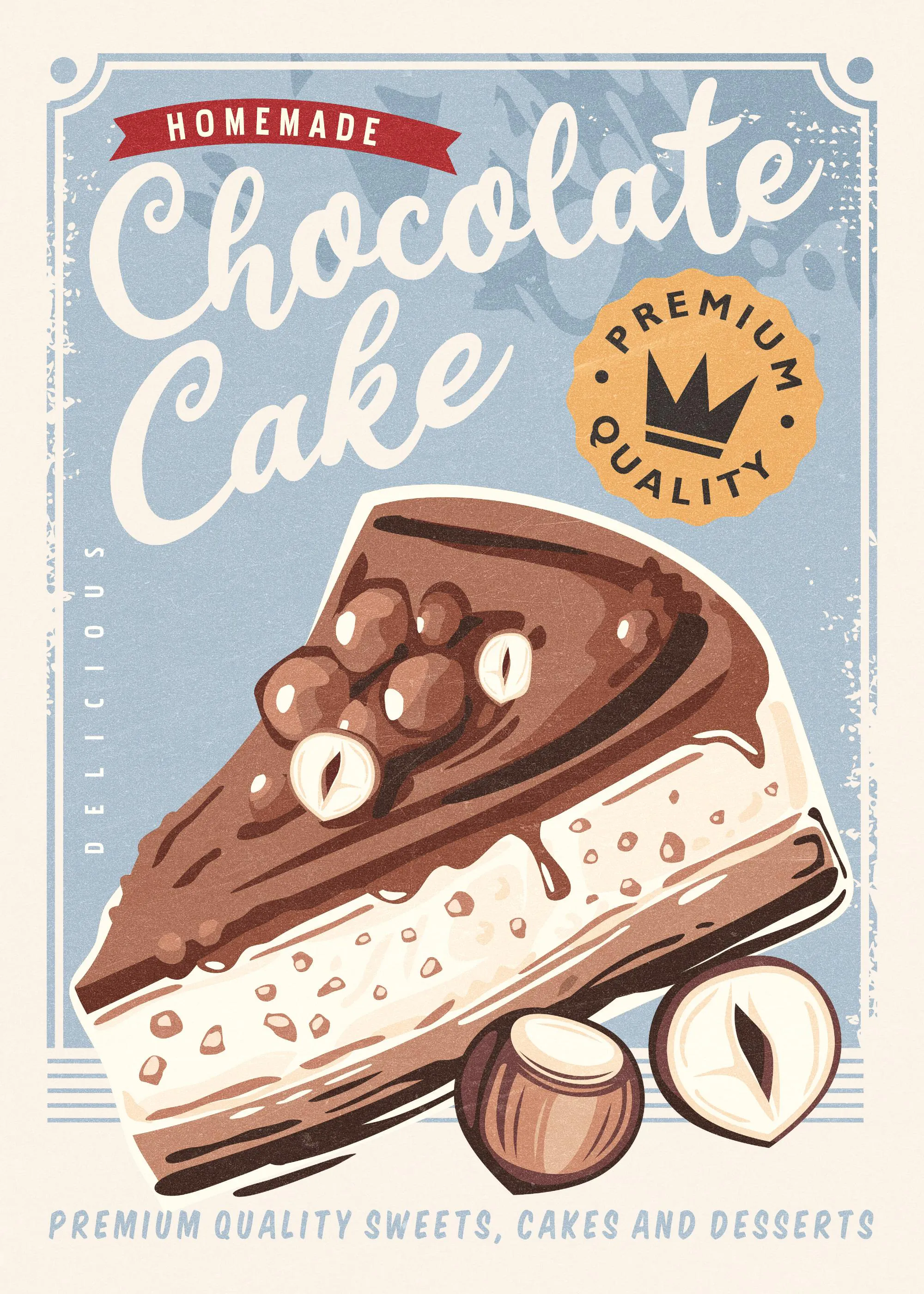Póster estilo vintage de pastel de chocolate casero con avellanas, sobre fondo azul claro con texto blanco y crema.