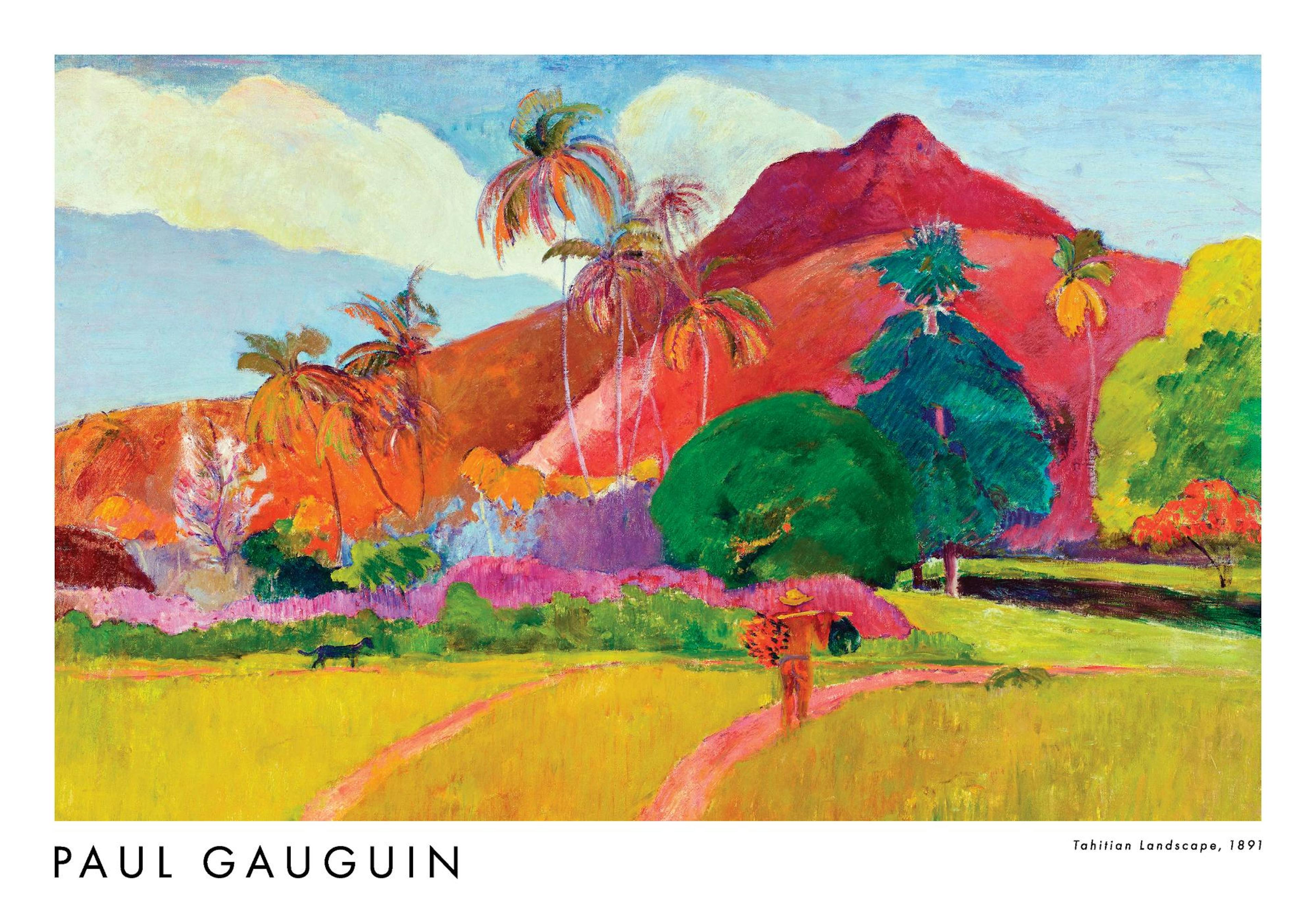 Poster con un paesaggio tahitiano di Gauguin, verde e arancione, con palme, un sentiero e una figura.