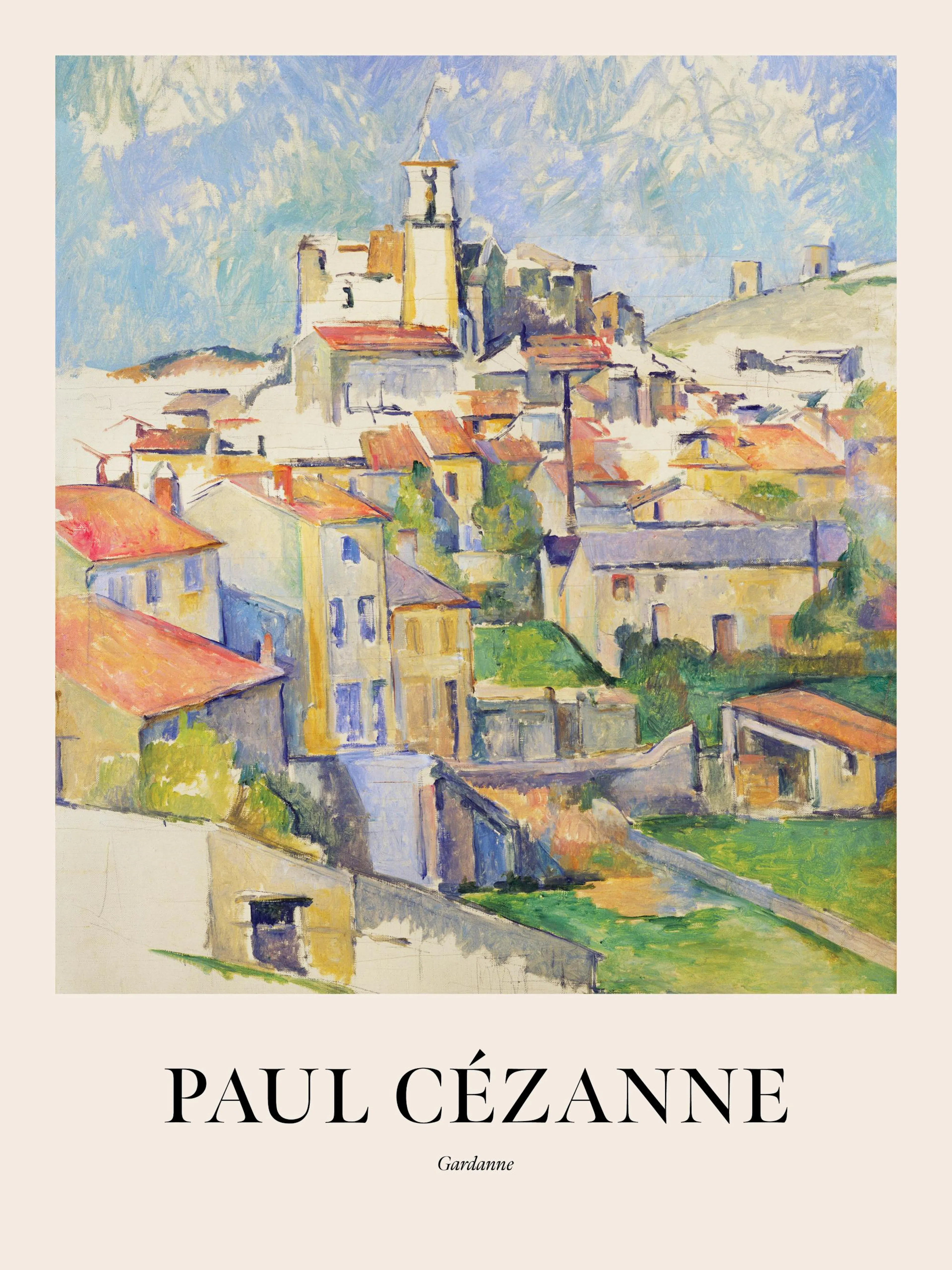 A poster featuring a vibrant oil painting of a French village nestled on a hillside with a prominent church tower.