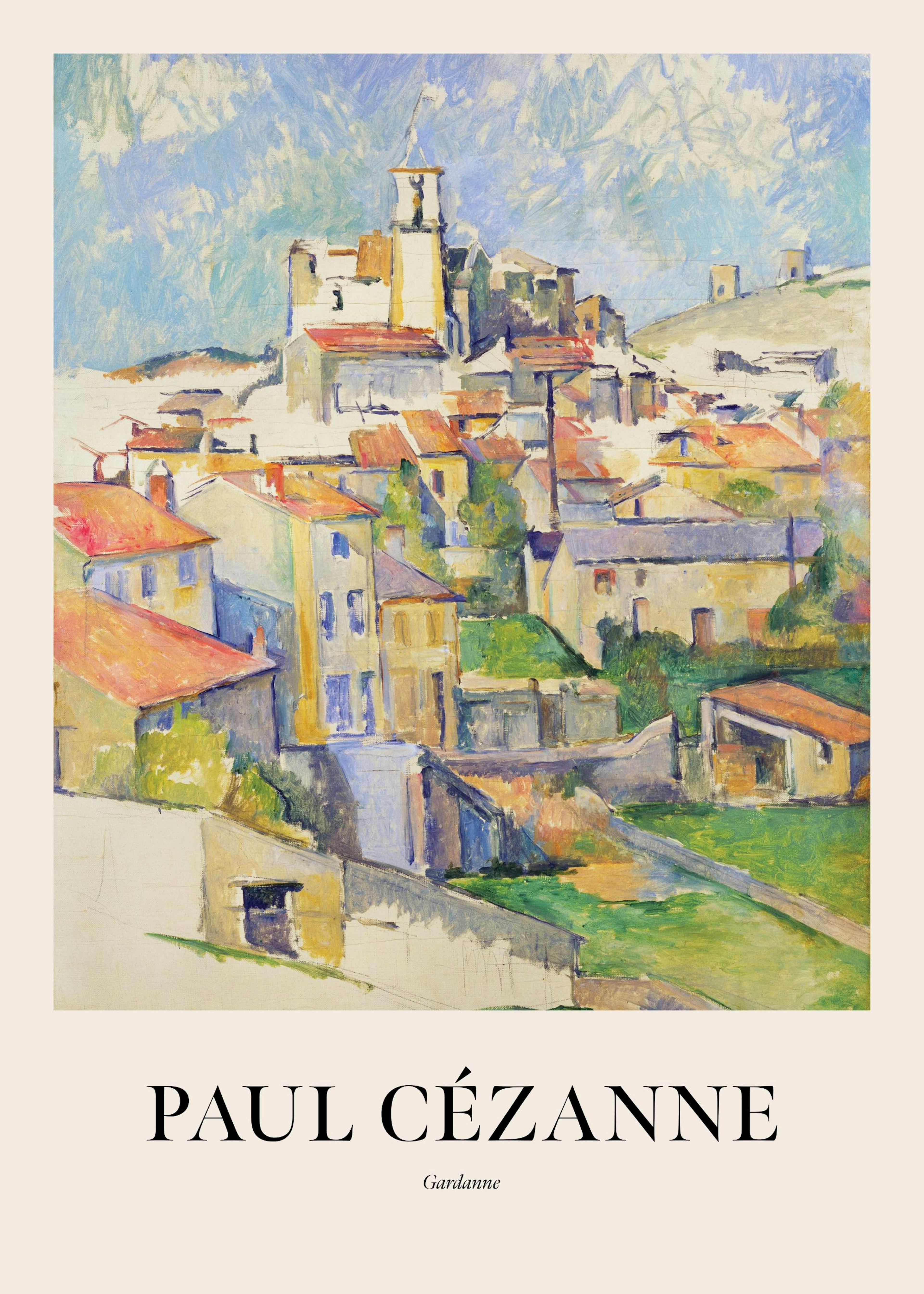 A Paul Cézanne poster featuring a vibrant village landscape, hanging above a wooden dresser with green bedding.