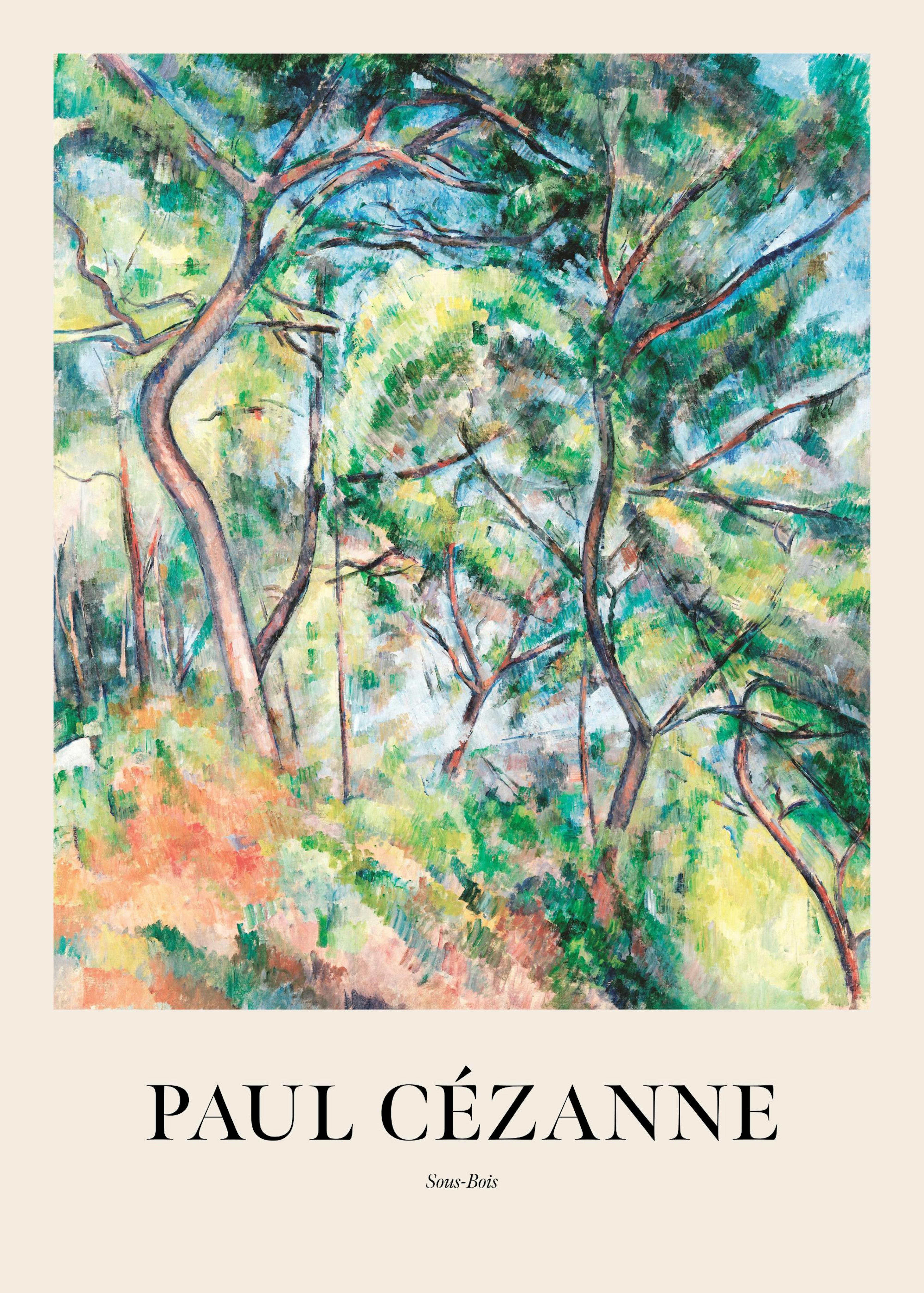 A Paul Cézanne landscape poster of trees and foliage in greens, oranges, and blues, hanging above a wooden dresser with decorati