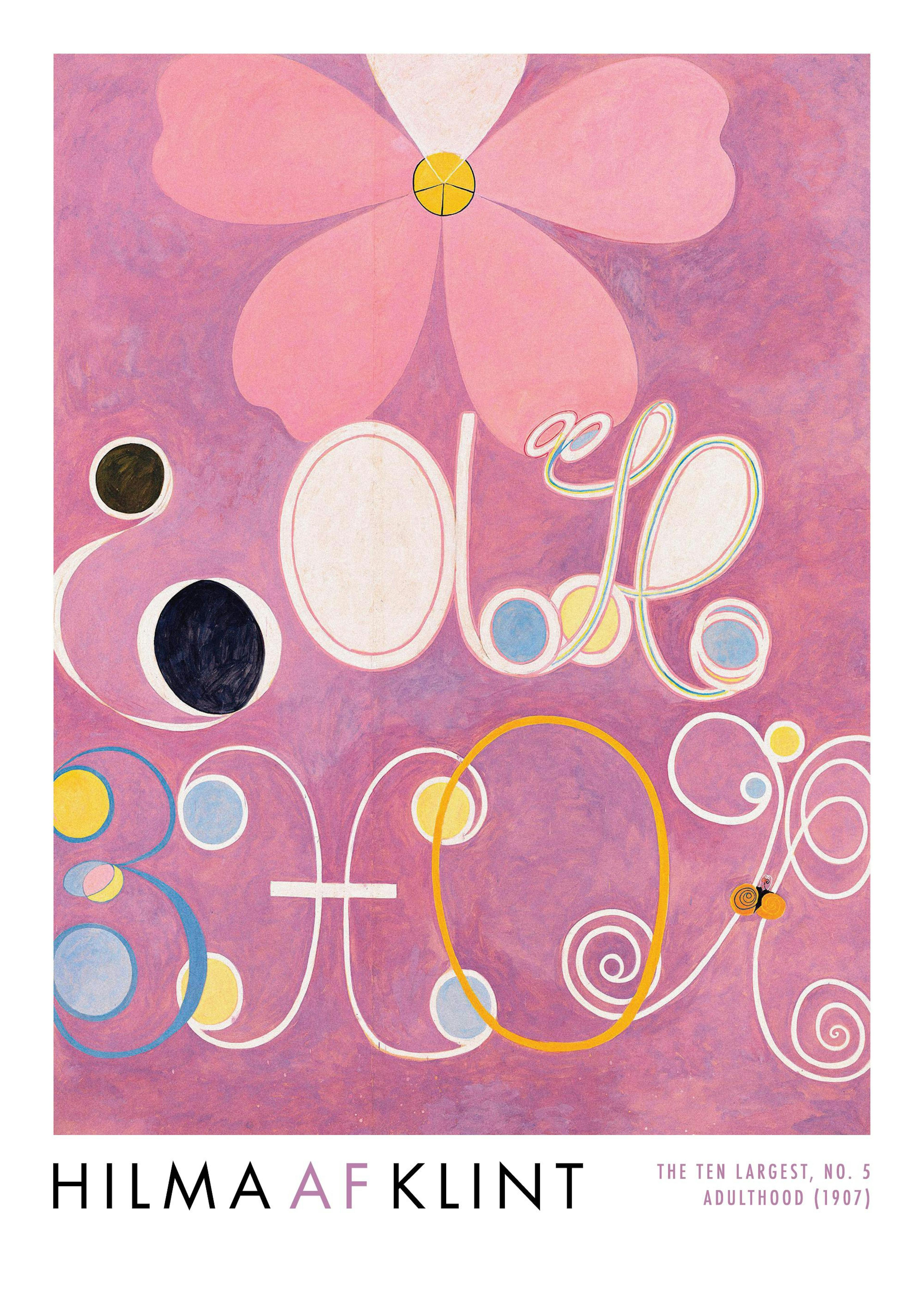 Hilma af Klint poster with abstract pink flower, flowing white letters, and colorful circles, hanging above a table with a book 