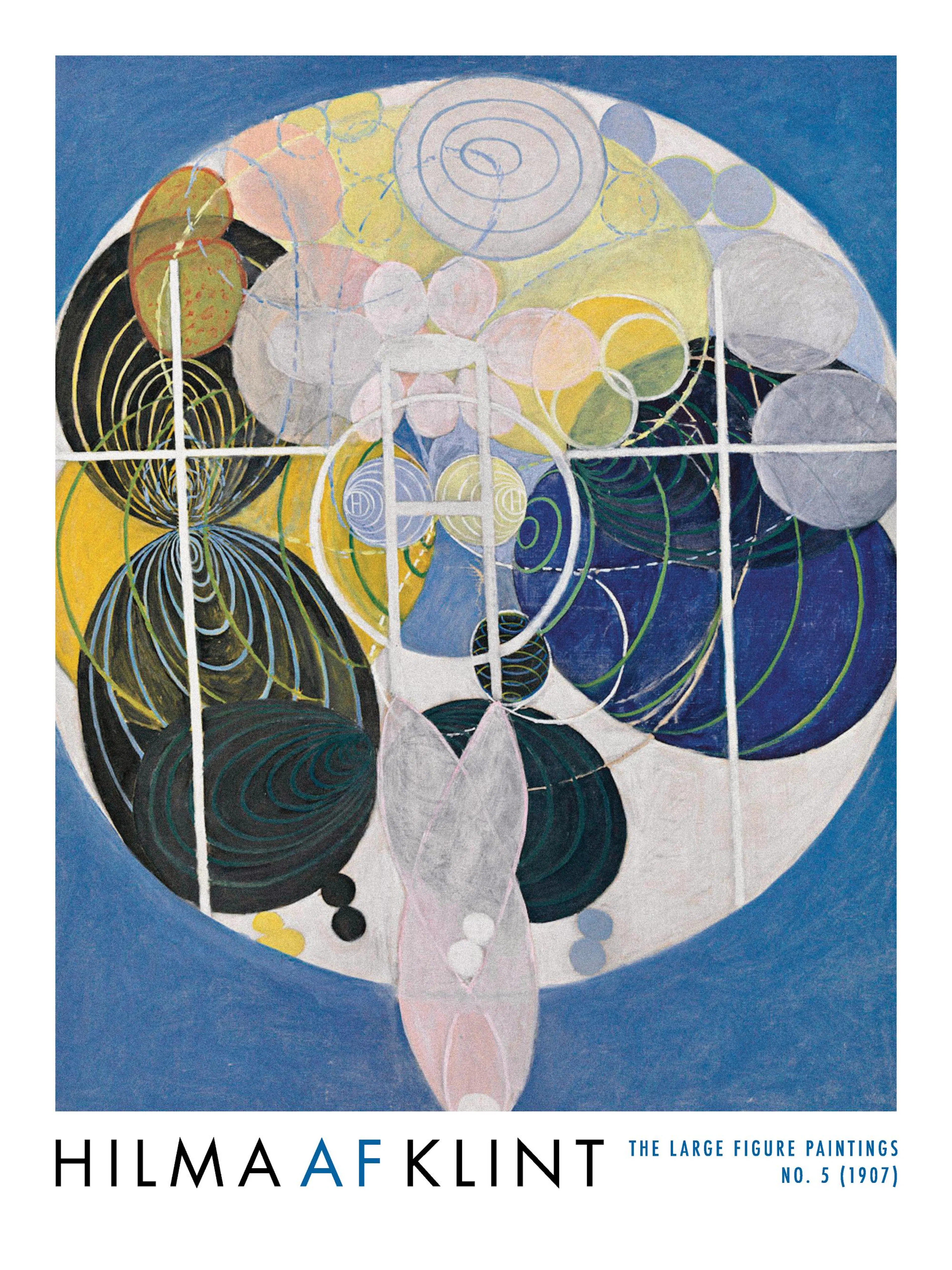 A poster featuring a large circular abstract painting with vibrant shapes, spirals, and a central light pink form.