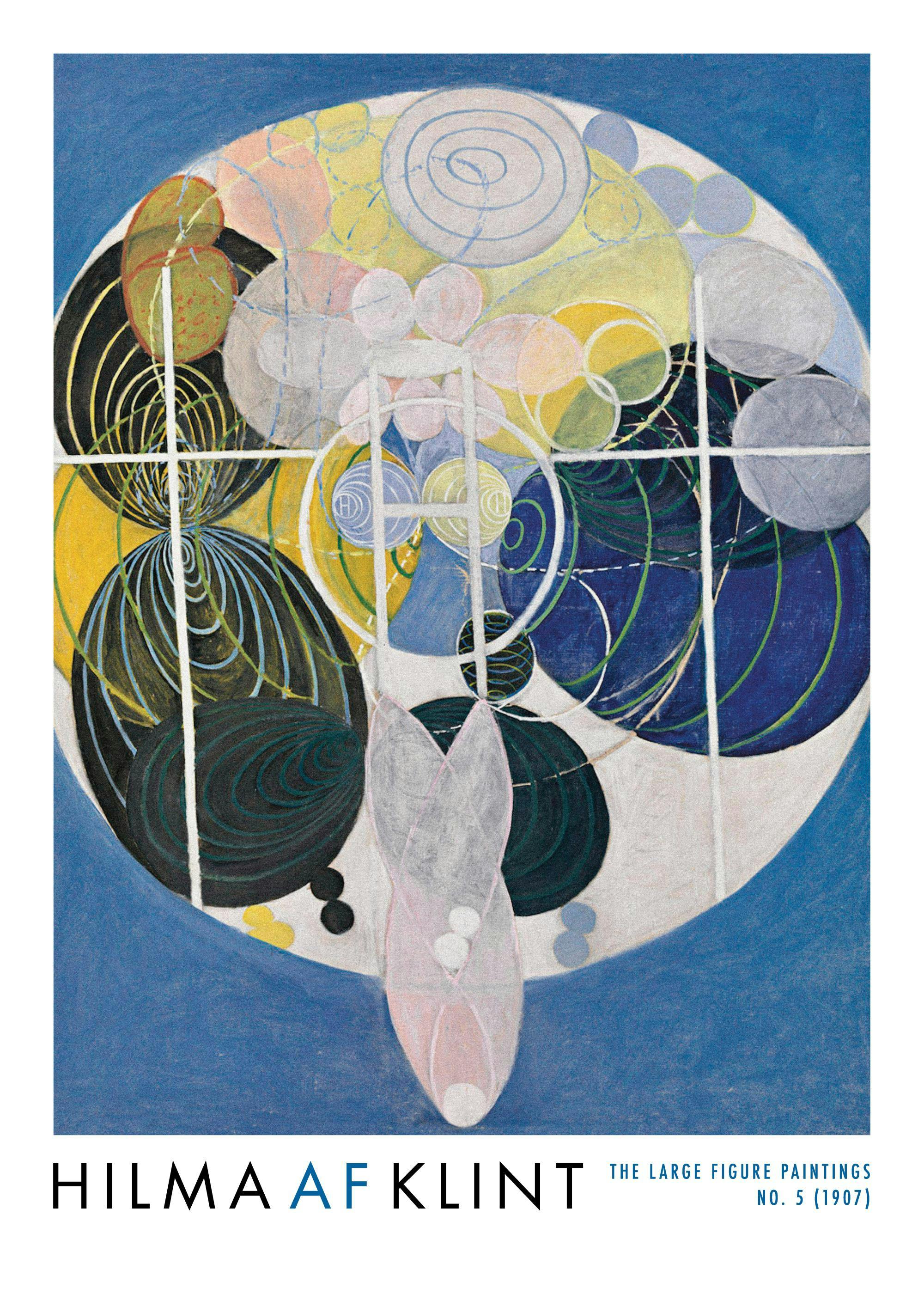 En poster av Hilma af Klint med en stor cirkel fylld av abstrakta former i gult, blått, svart, grått och rosa, med en ljusrosa f