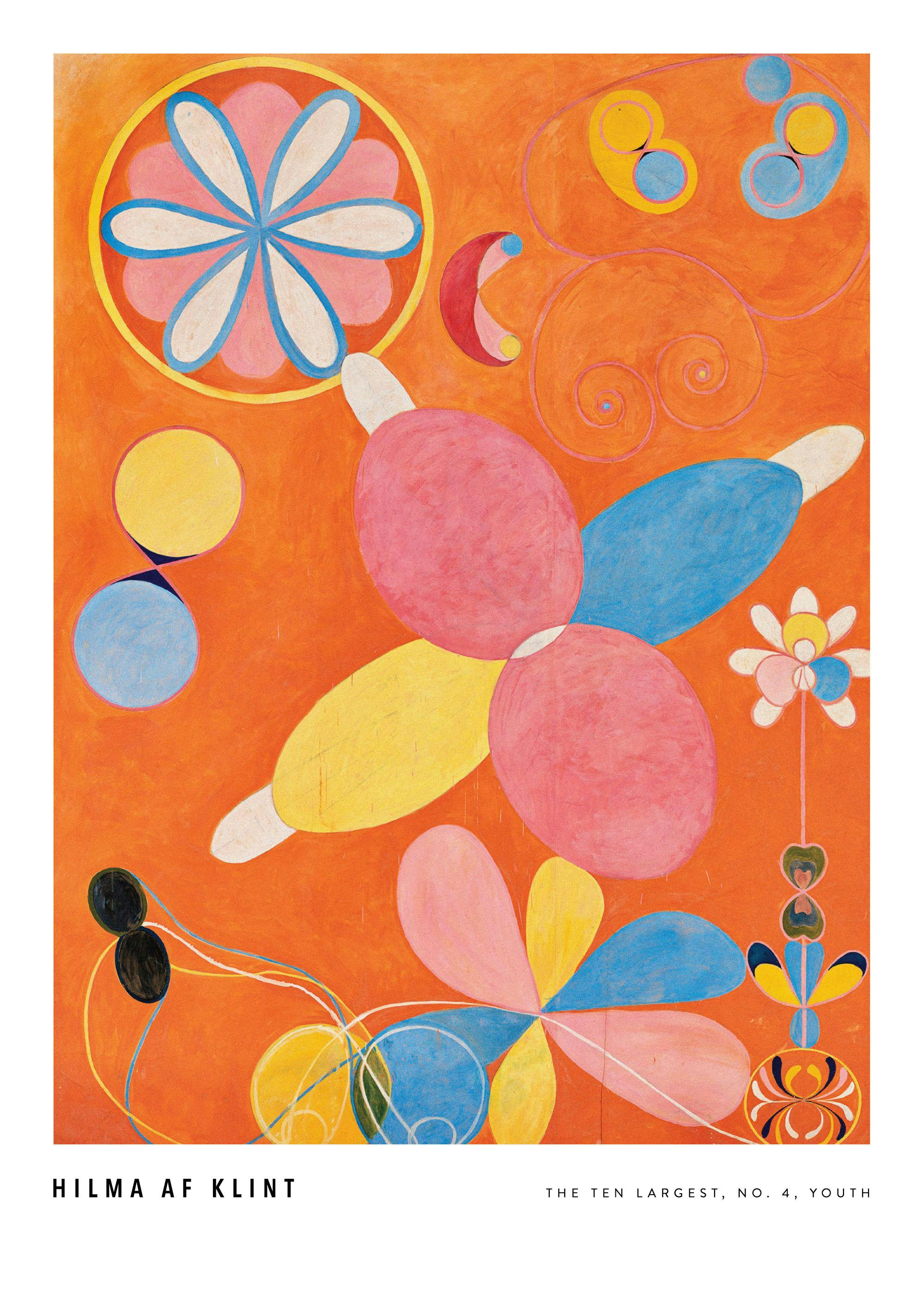 A colorful Hilma af Klint poster with abstract shapes in pink, blue, yellow, and white on an orange background.