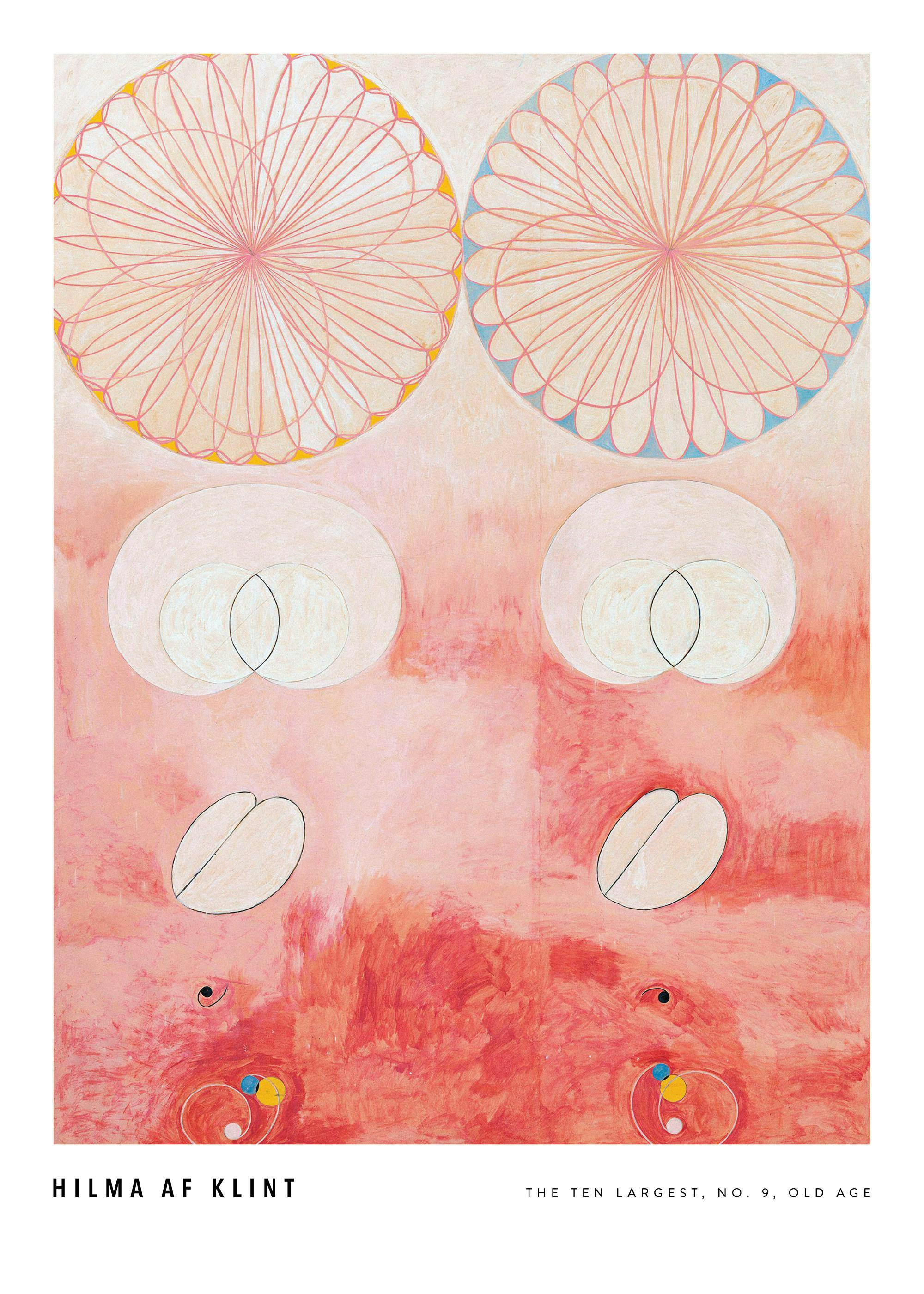 Poster con unopera astratta di Hilma af Klint, The Ten Largest, No. 9, Old Age, su sfondo rosa con forme geometriche.