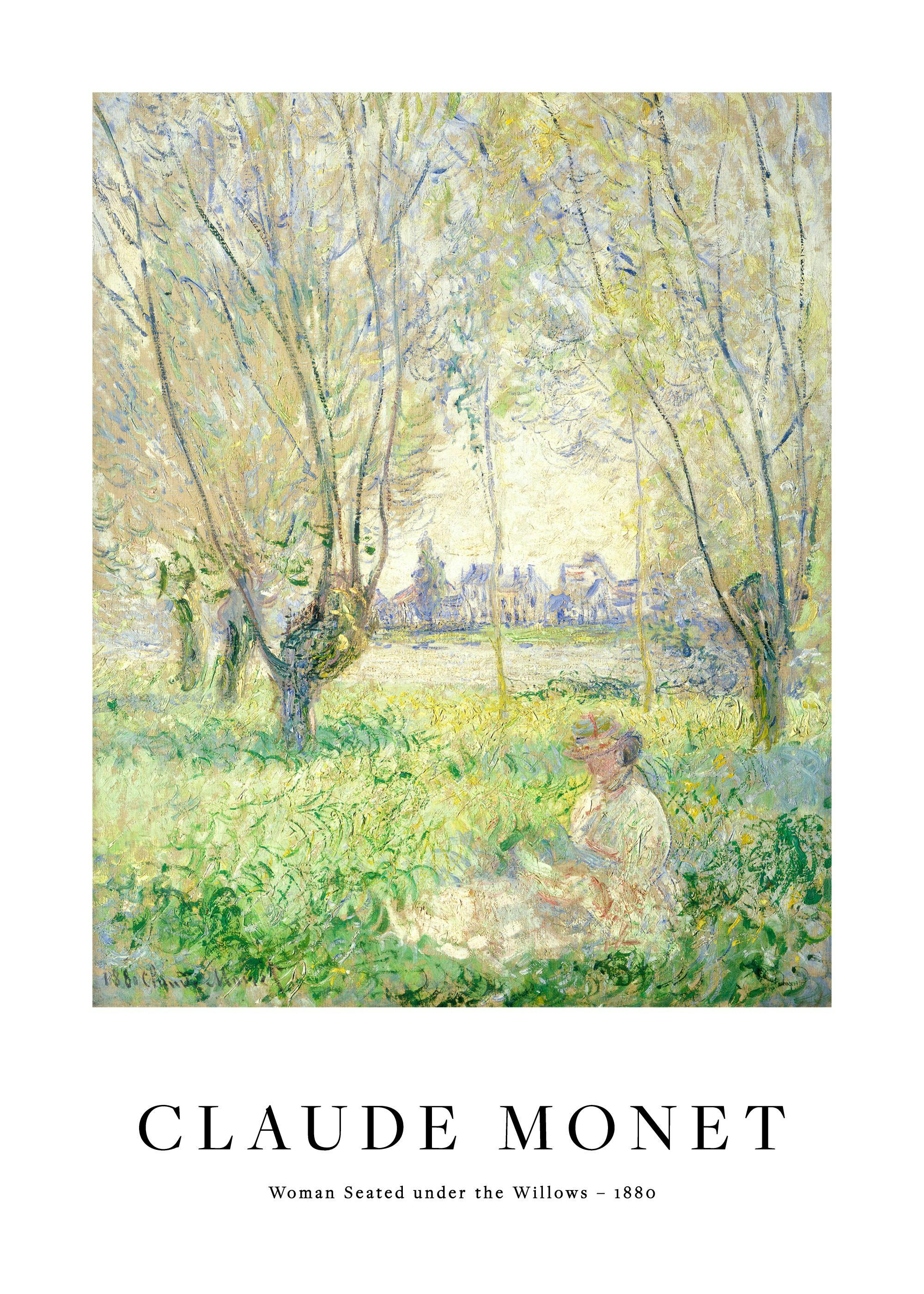 Claude Monet -juliste esittää naisen istumassa vihreällä niityllä pajupuiden alla, ripustettuna puisen lipaston yläpuolelle maku