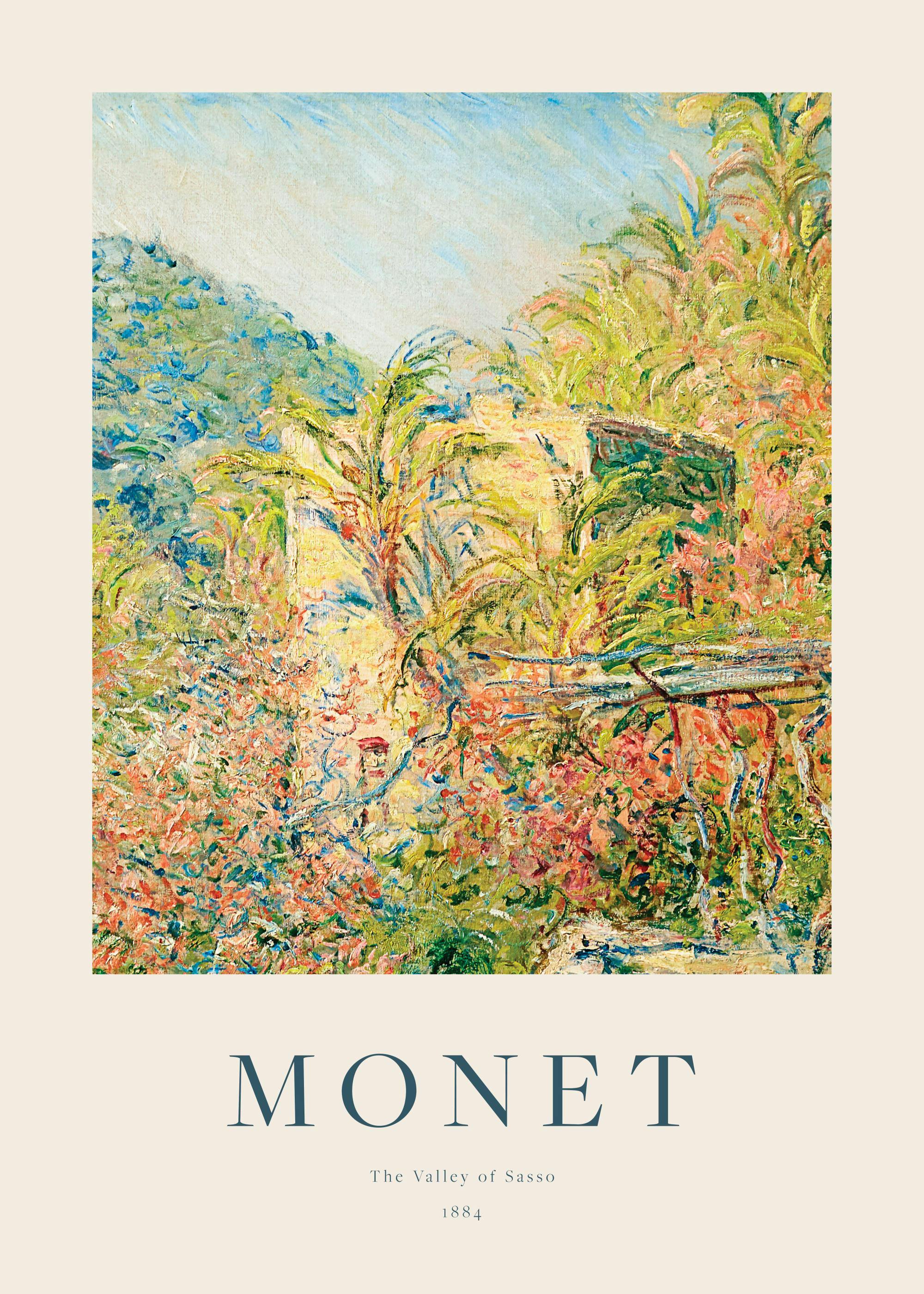 Monet Poster Das Tal von Sasso mit Palmen und bunten Pflanzen über einem Holzschrank im Schlafzimmer.