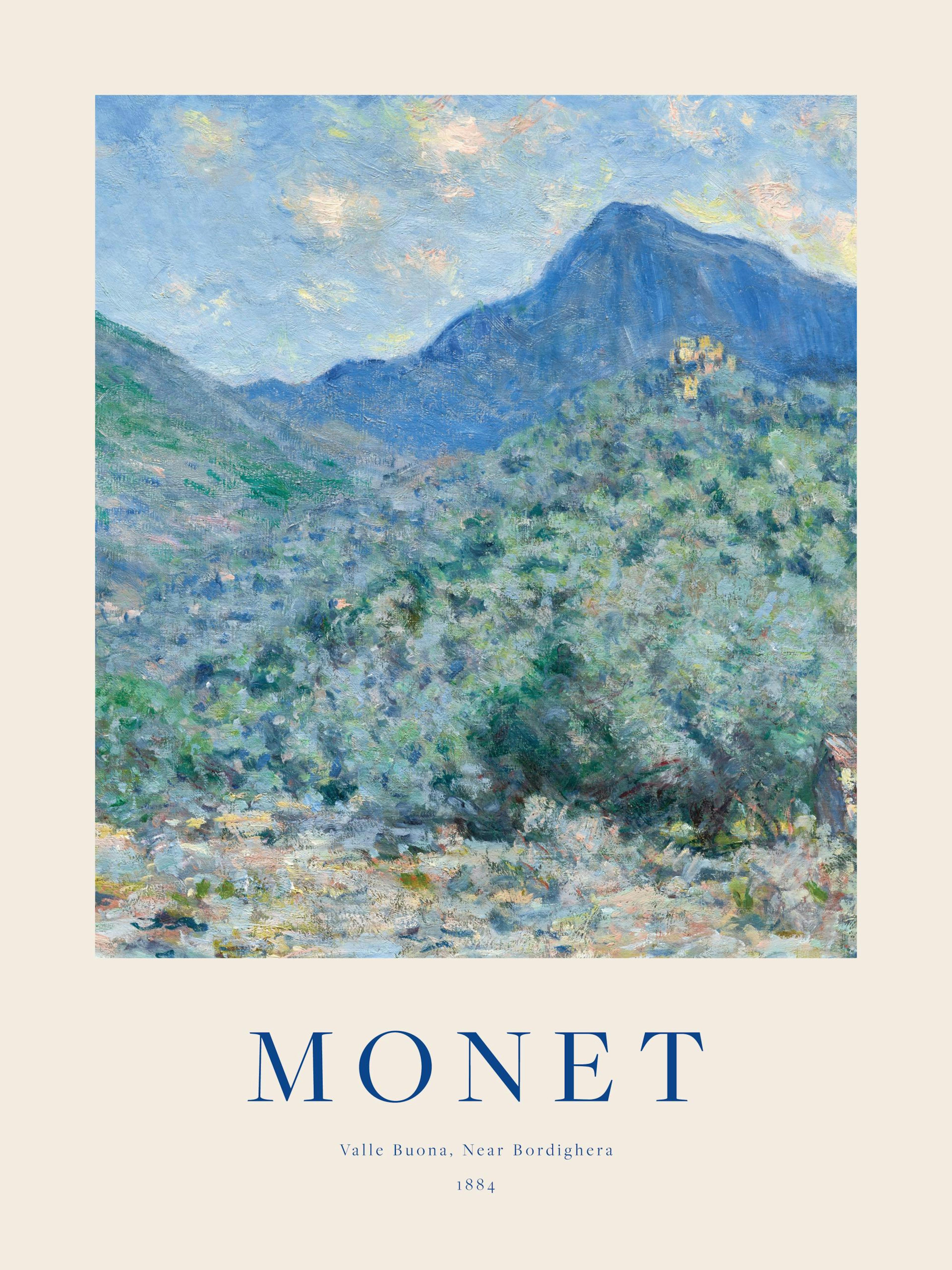 A poster featuring Monets impressionist painting of a blue mountain and green valley with light blue skies.