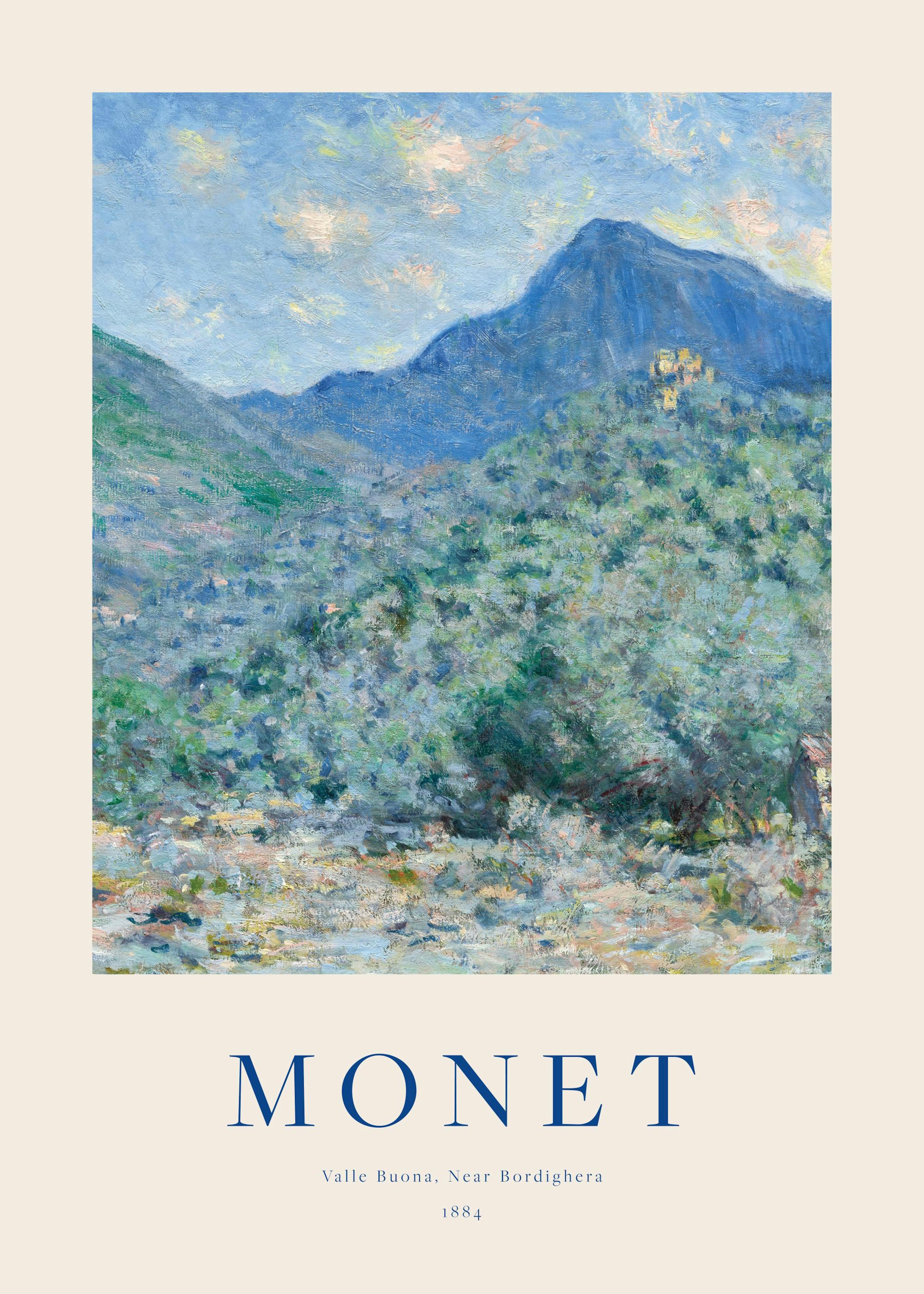 Monet-juliste vuoristomaisemasta rottinkisen lipaston yllä makuuhuoneessa.