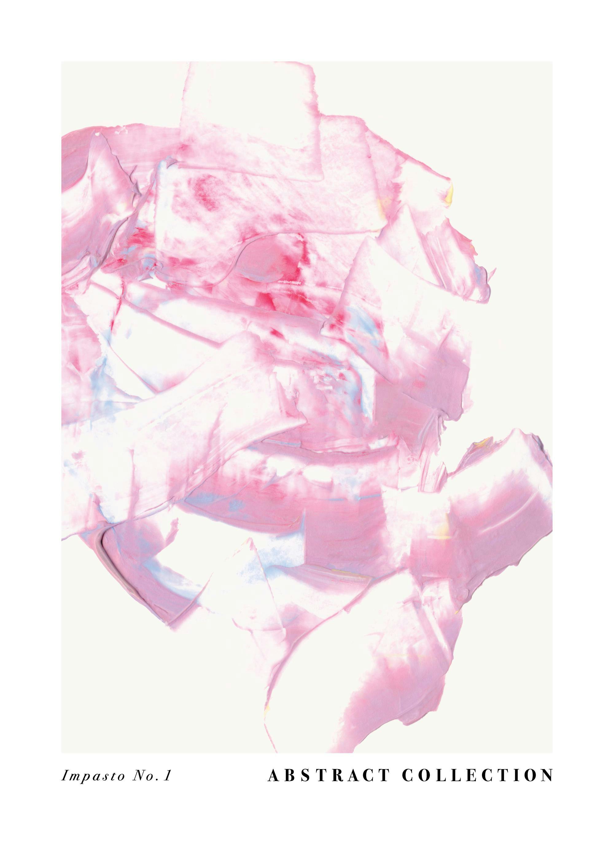 Plakát s abstraktním vzorem růžových a bílých tahů štětcem s jemnými modrými a žlutými tóny.