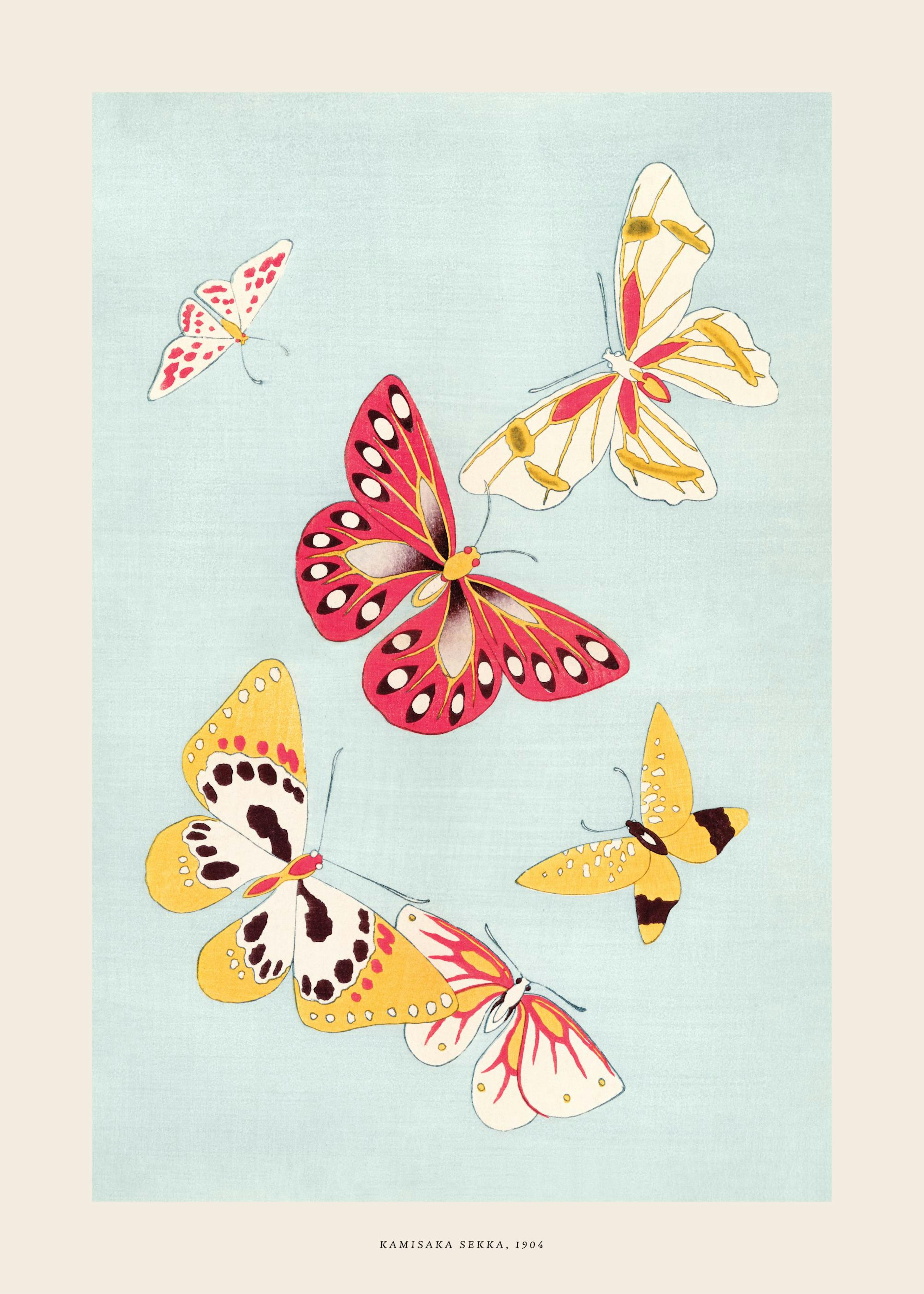 A poster featuring a colorful butterfly illustration on a light blue background, displayed above a wooden shelf in a living room