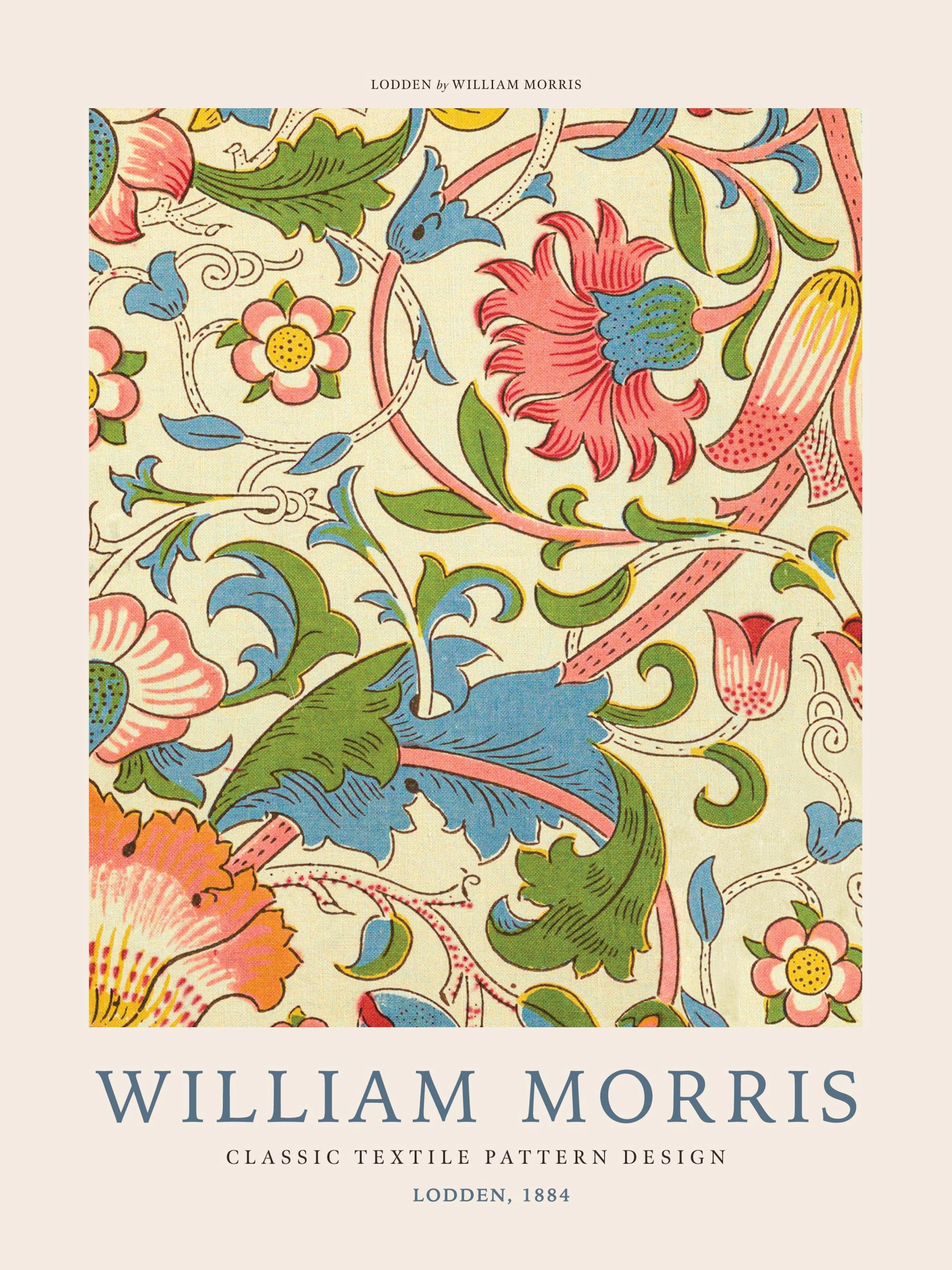 A poster featuring William Morriss Lodden textile pattern, with pink, blue, and green flowers and leaves on a light background.
