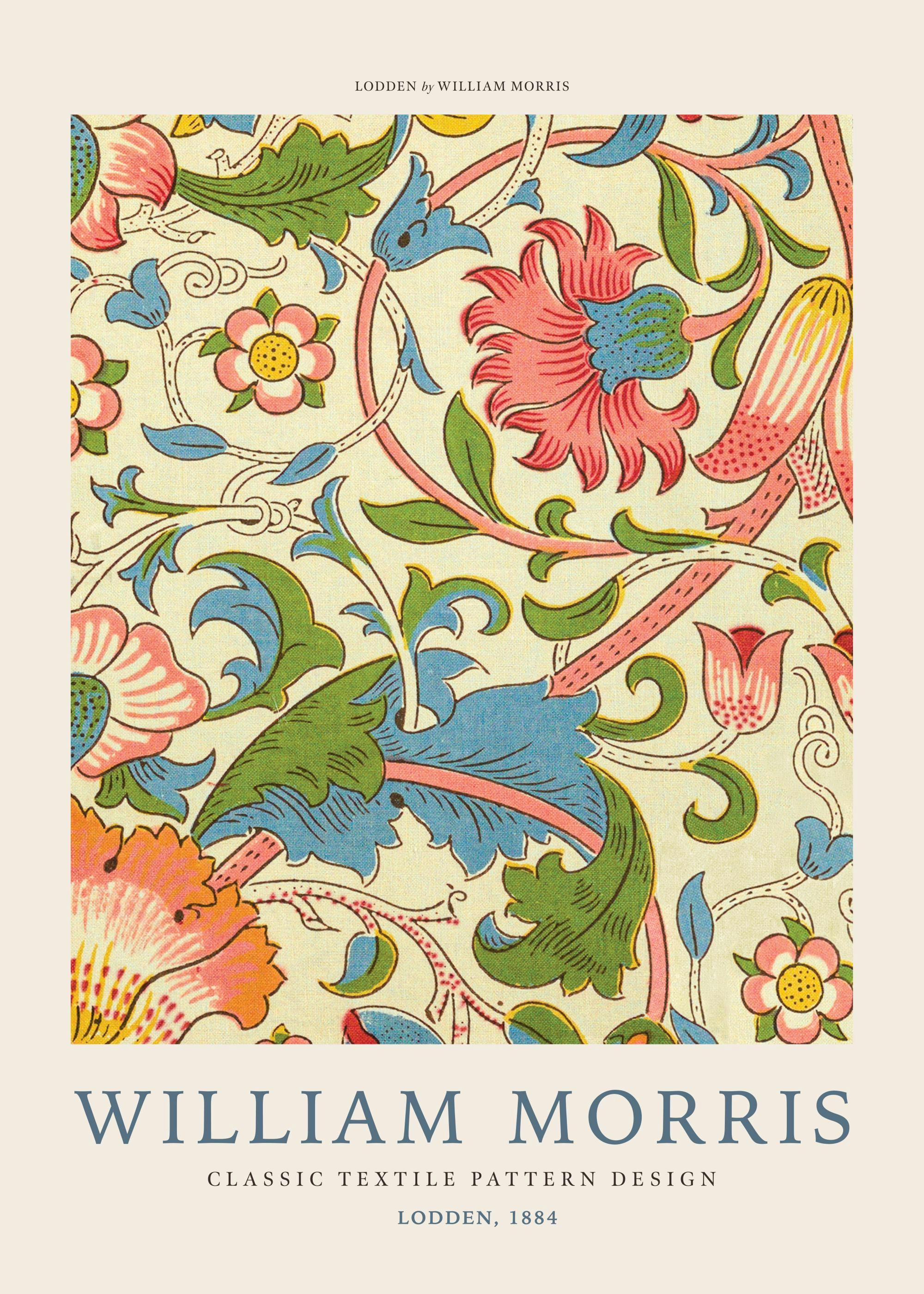 Ein Poster mit dem Lodden-Muster von William Morris, einem klassischen Textildesign mit farbenfrohen Blumen und Blättern auf hel