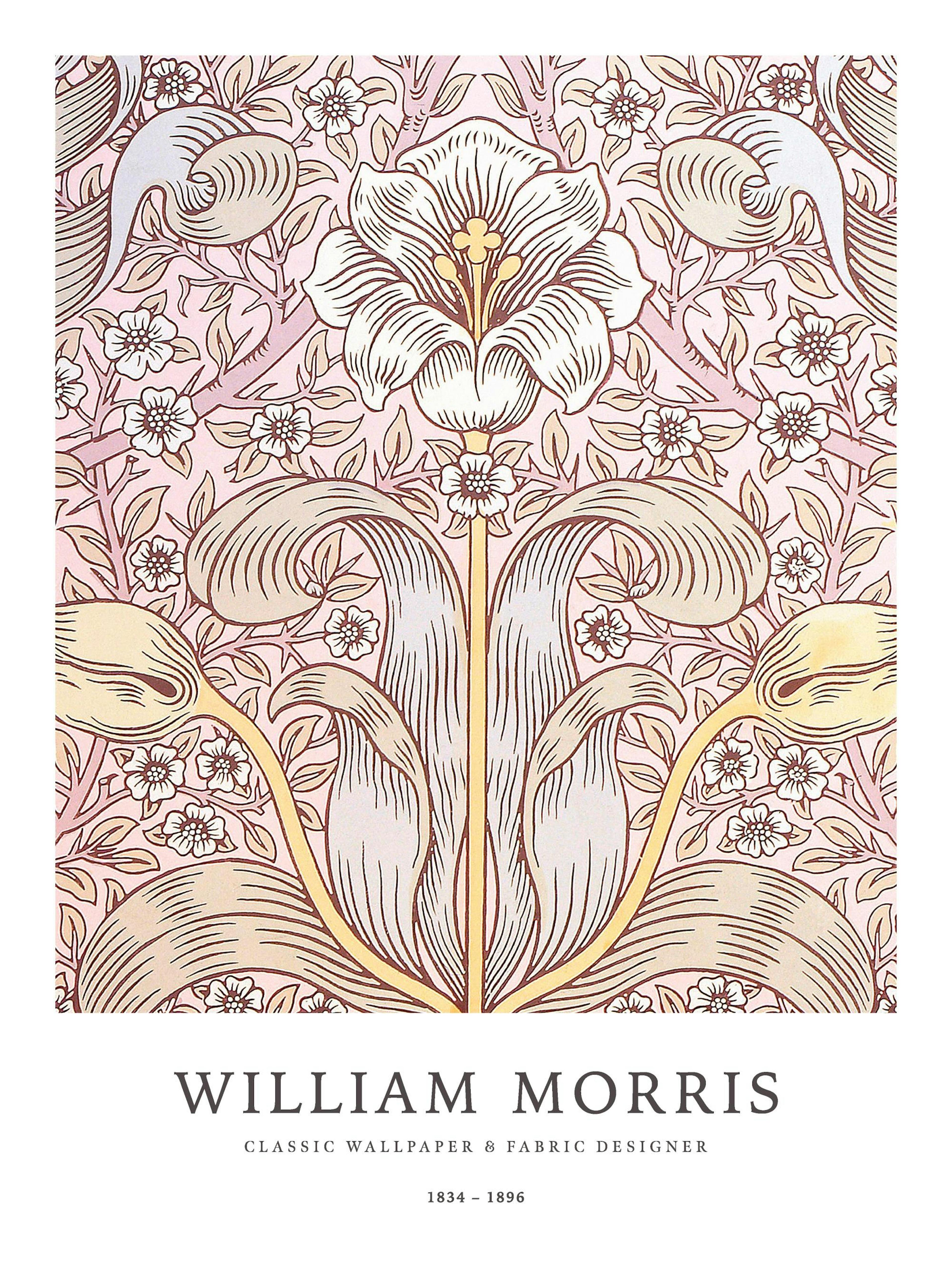 Un poster floral rose et blanc avec des motifs de lys et de petites fleurs sur fond rose clair.