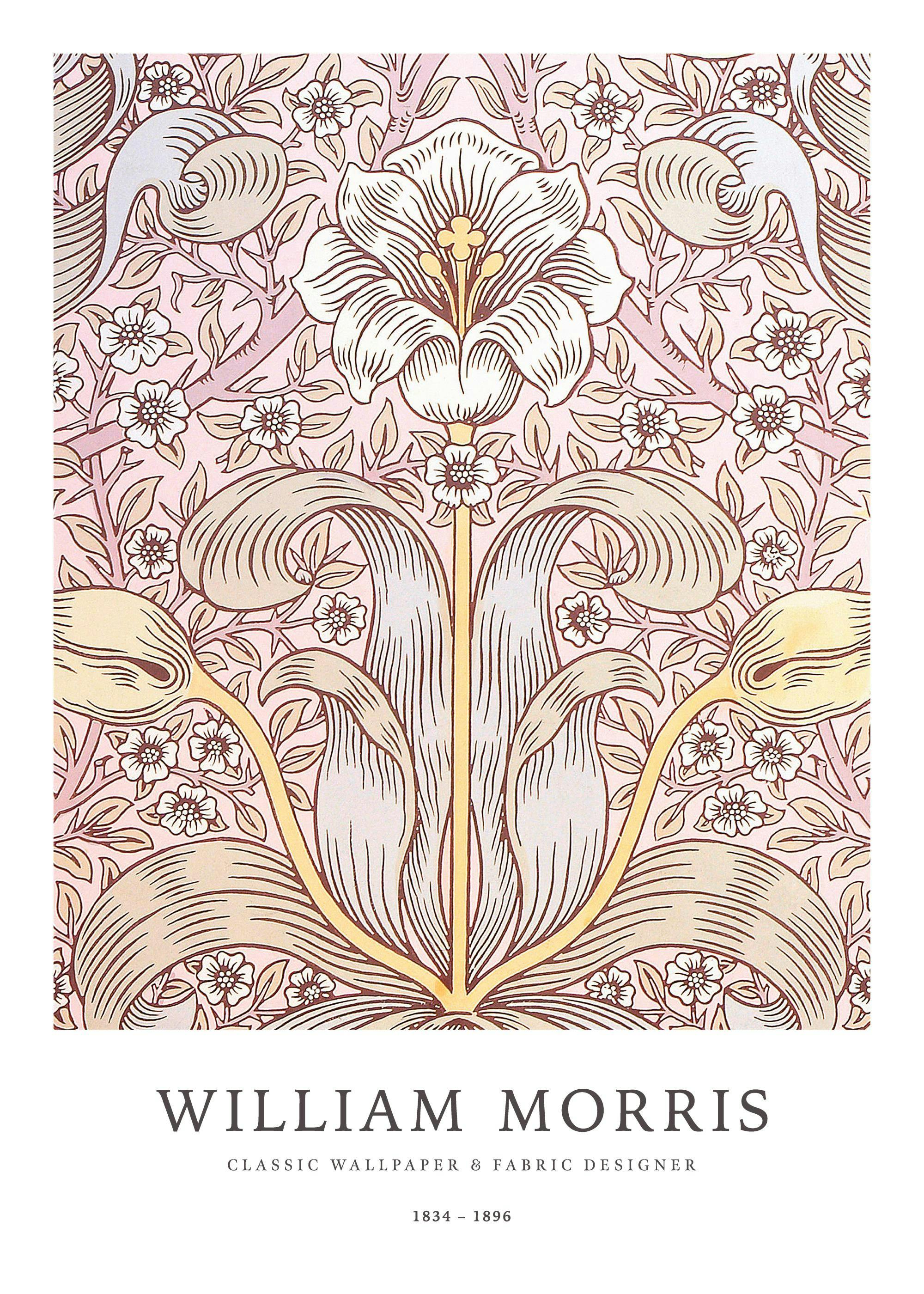 A poster featuring a William Morris Pimpernel floral pattern on a light pink background with cream, white, and yellow accents.