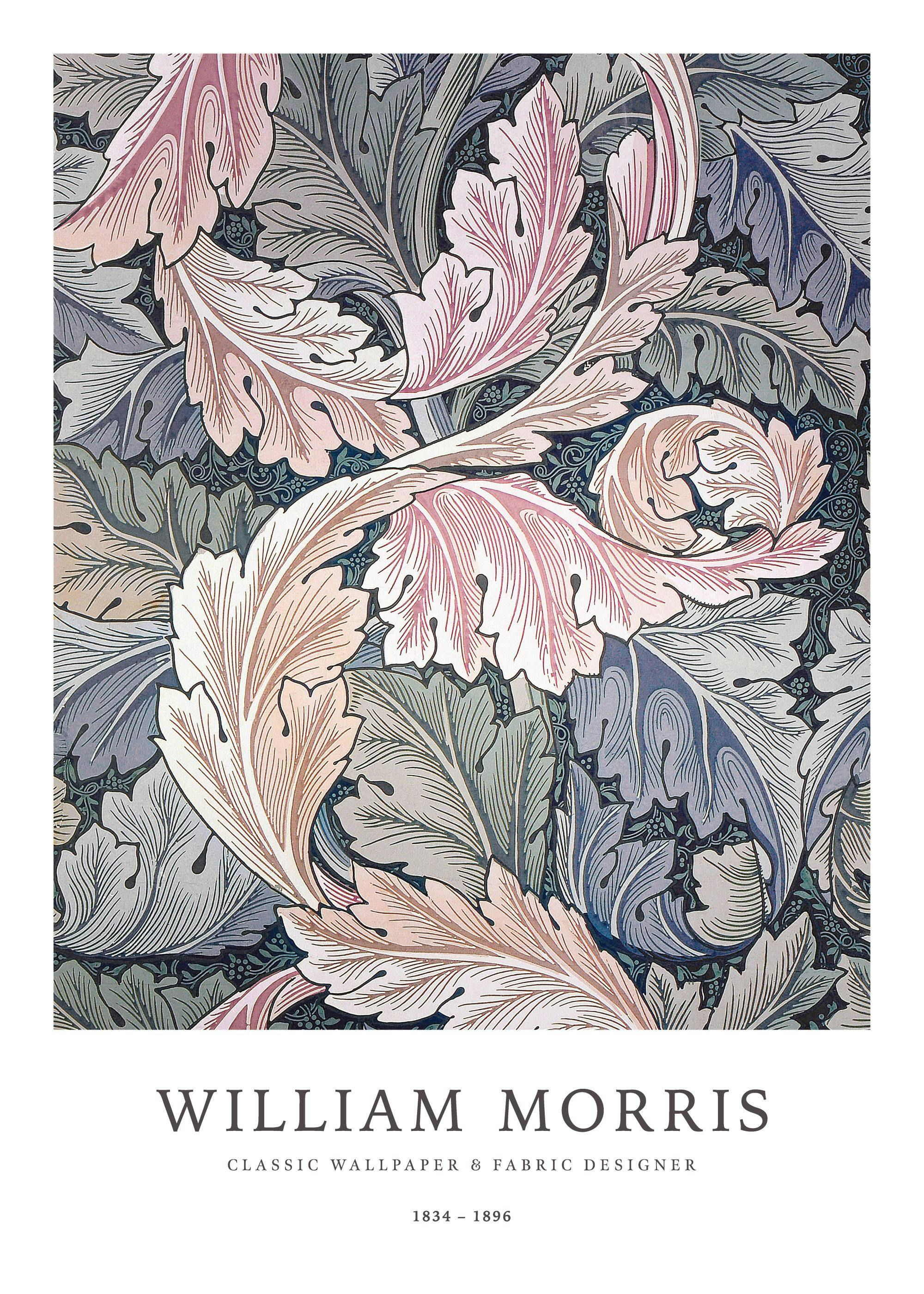 A poster featuring a William Morris design with overlapping acanthus leaves in muted pink, blue, grey, and green hues on a dark