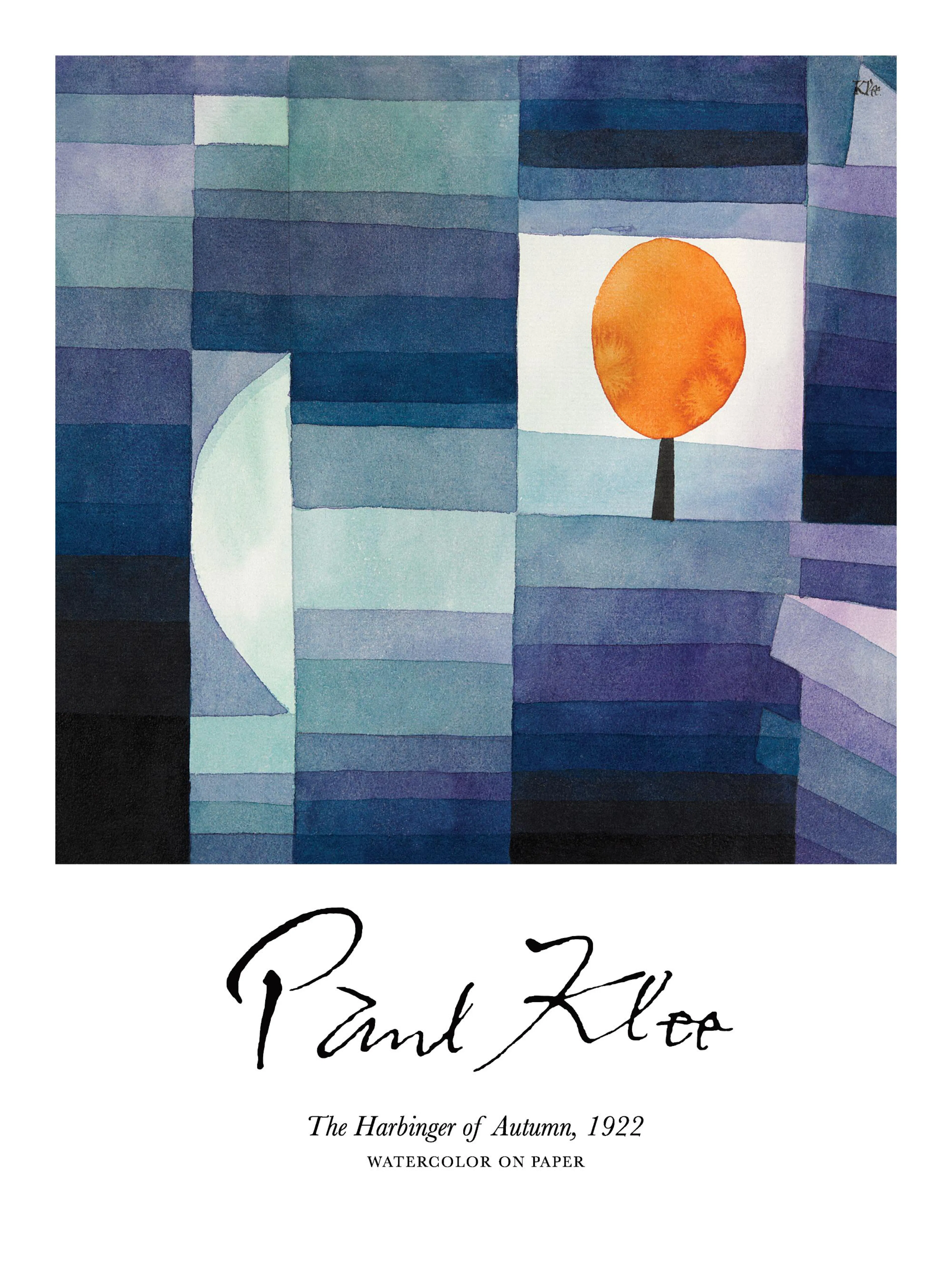 A poster featuring Paul Klees The Harbinger of Autumn with abstract blue and purple blocks, an orange circle, and a light cresce