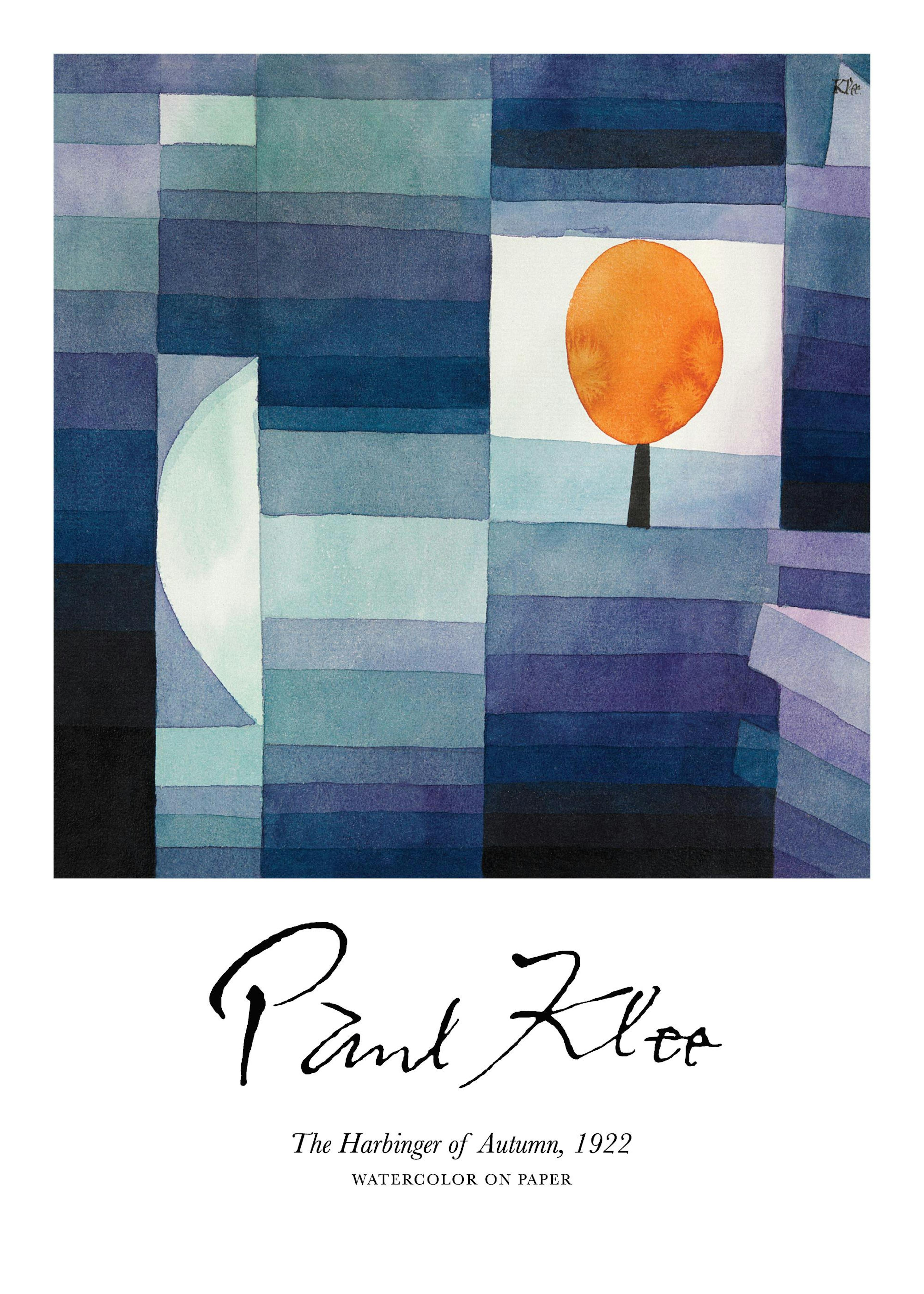 Poster mit Paul Klees The Harbinger of Autumn, 1922, einem Aquarell aus blauen und violetten Rechtecken mit einem orangefarbenen