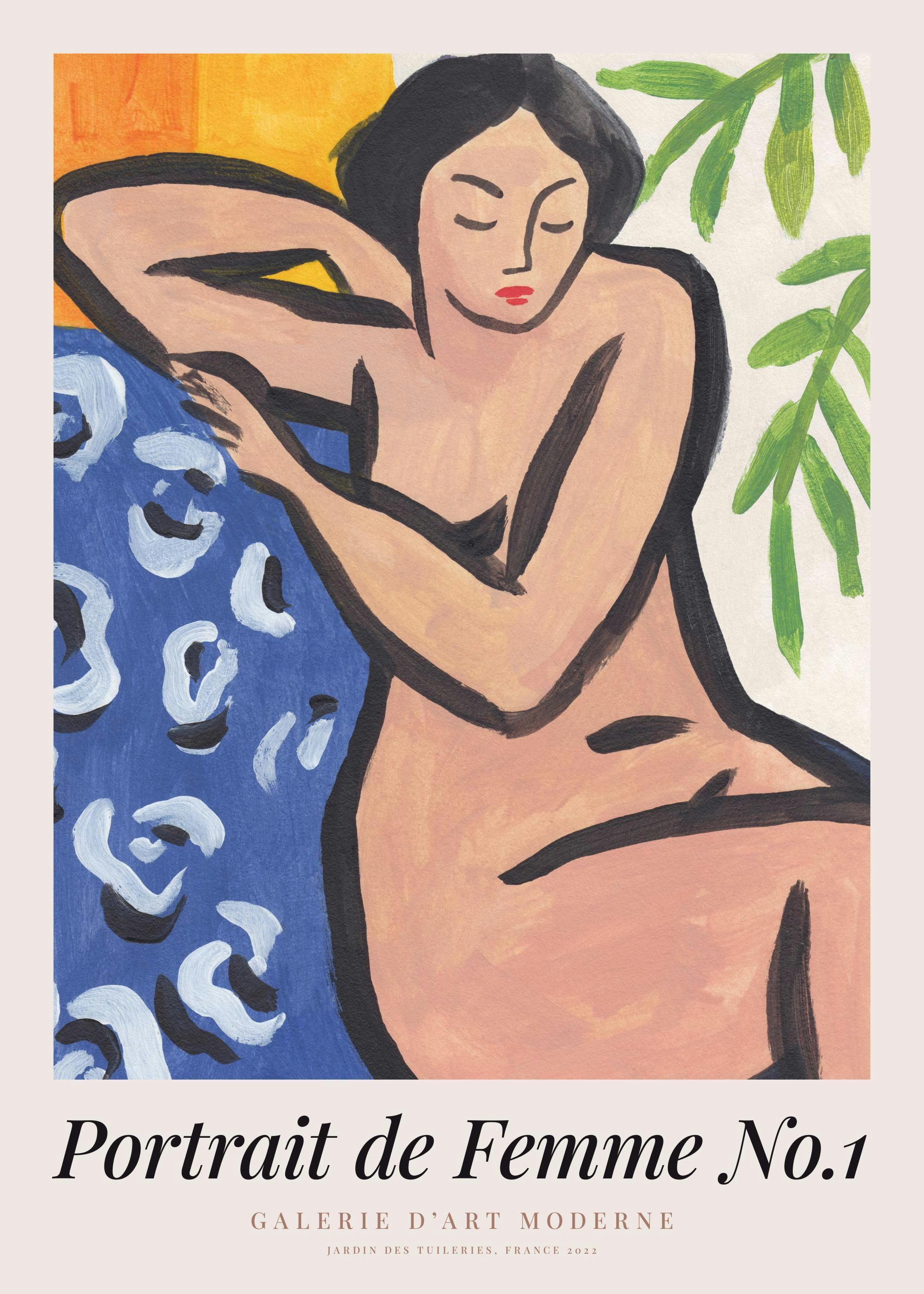 A poster of a woman with dark hair and red lips, reclining on a blue patterned surface against a warm background.