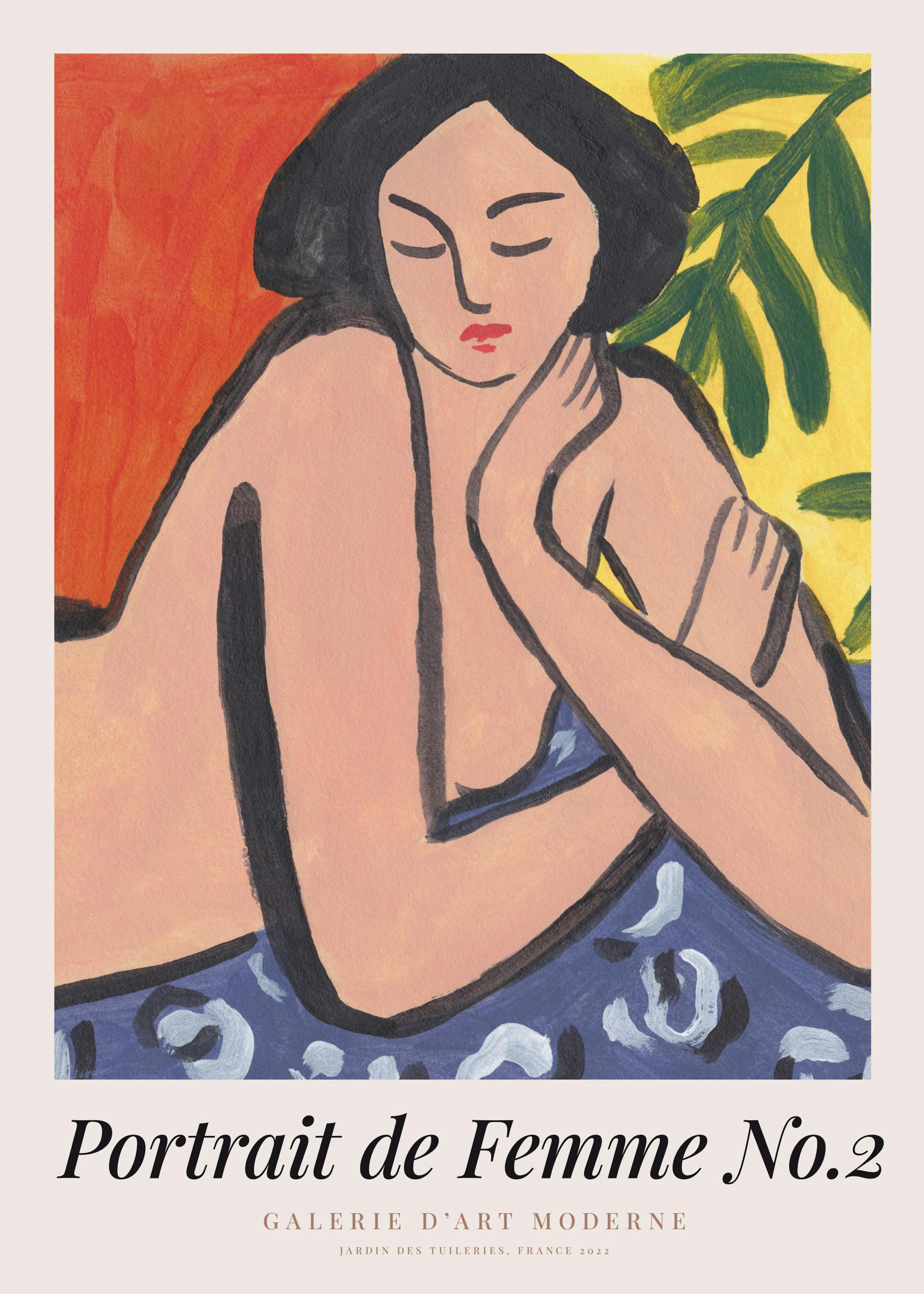 Poster dune figure féminine aux couleurs vives, accentuée par des motifs de feuilles abstraites.