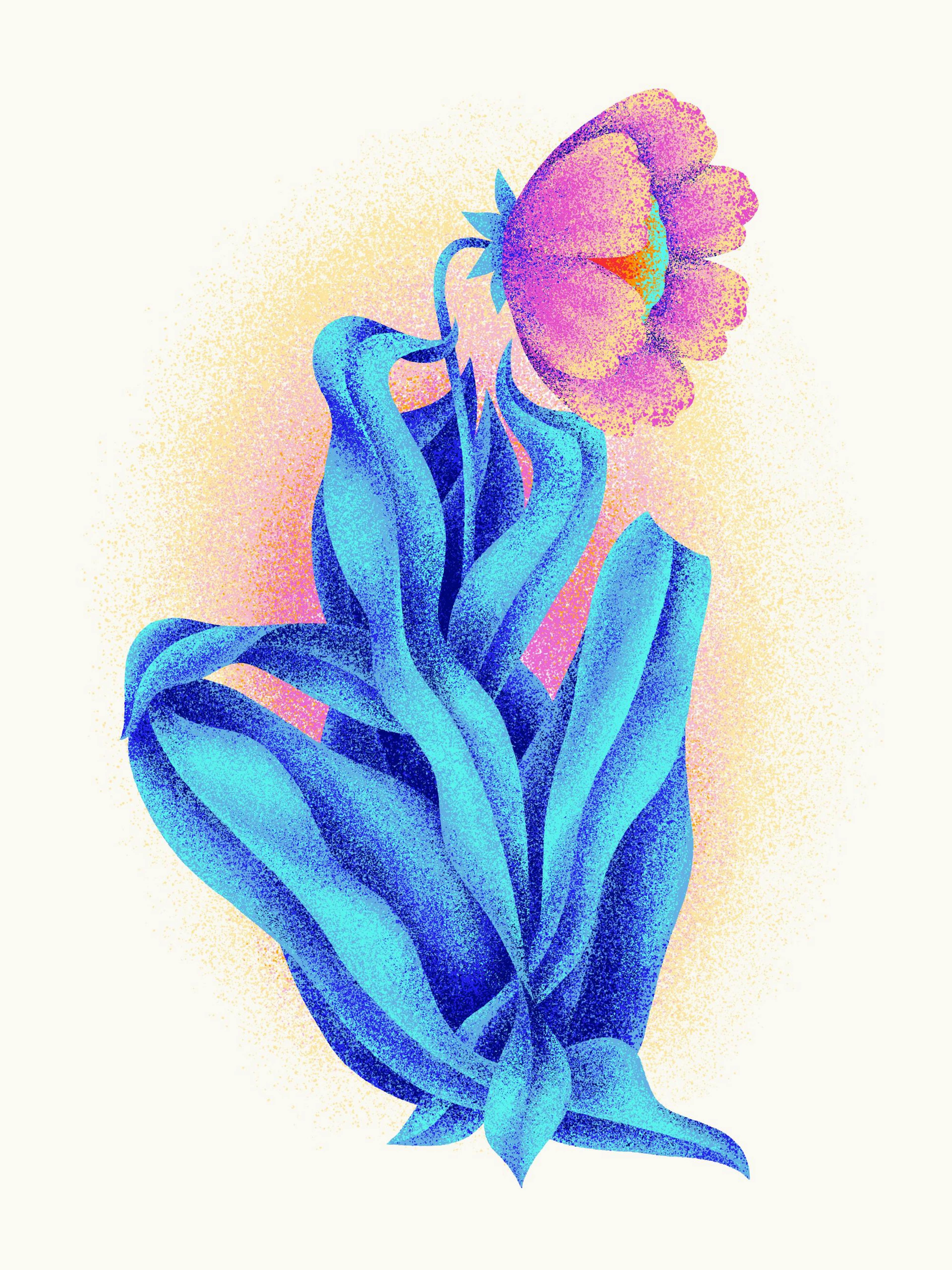 A colourful poster features a textured pink and orange flower with teal and dark blue leaves on a light background.