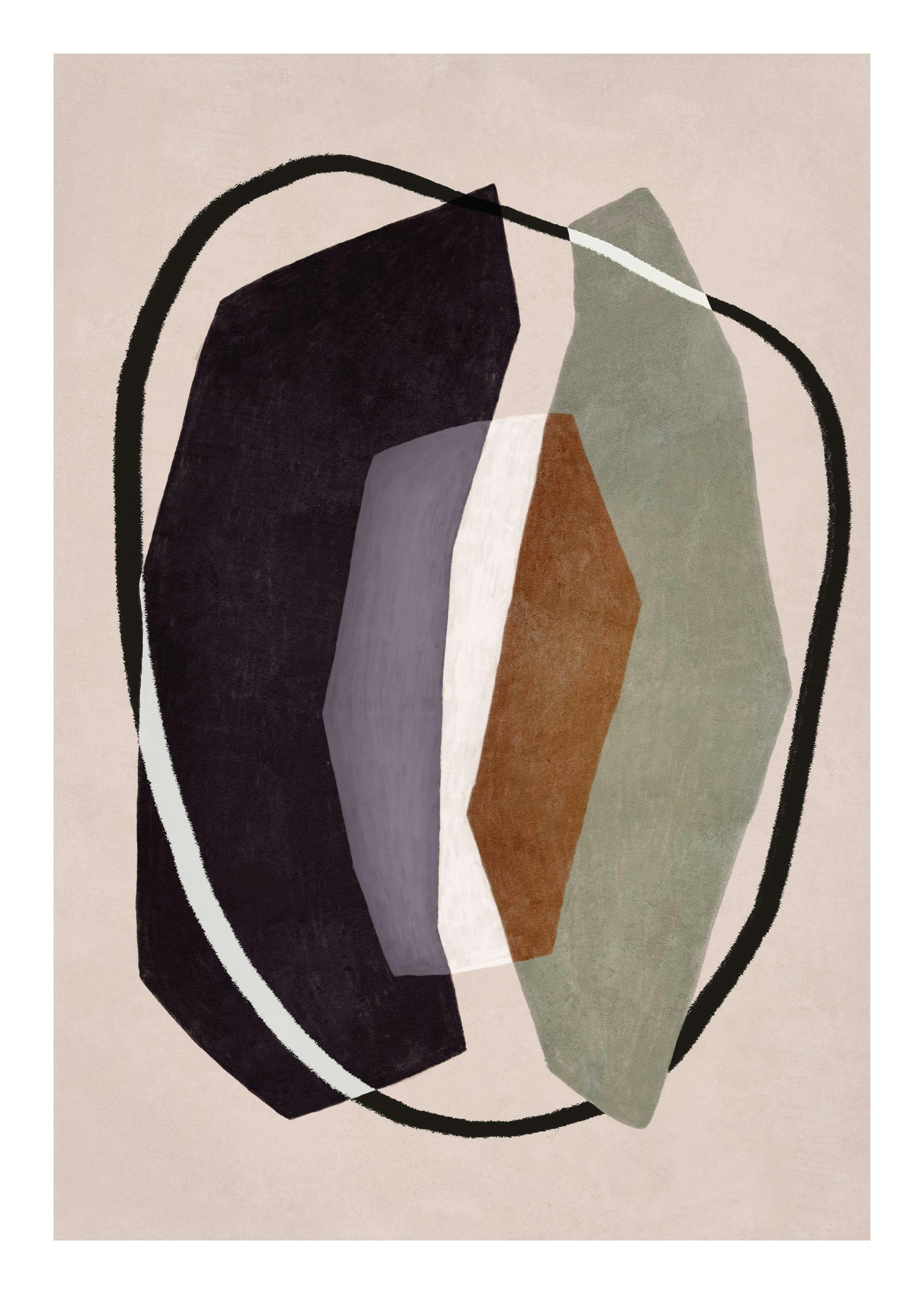 A poster with black, grey, brown, and sage green abstract shapes is displayed above a wooden chair with a beige throw blanket, n
