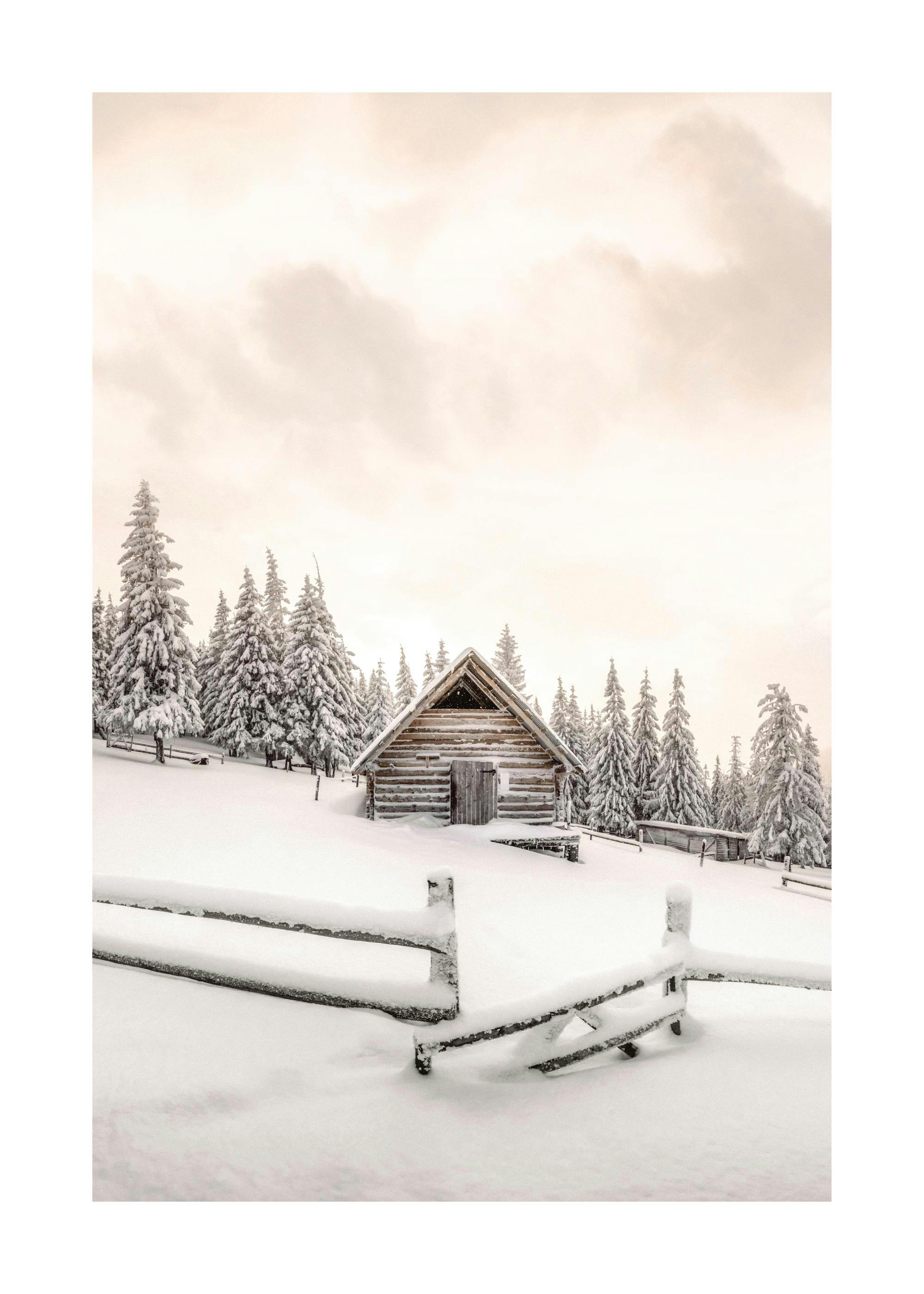 Poster: Eine schneebedeckte Holzhütte in den Bergen, umgeben von verschneiten Tannenbäumen unter bewölktem Himmel.